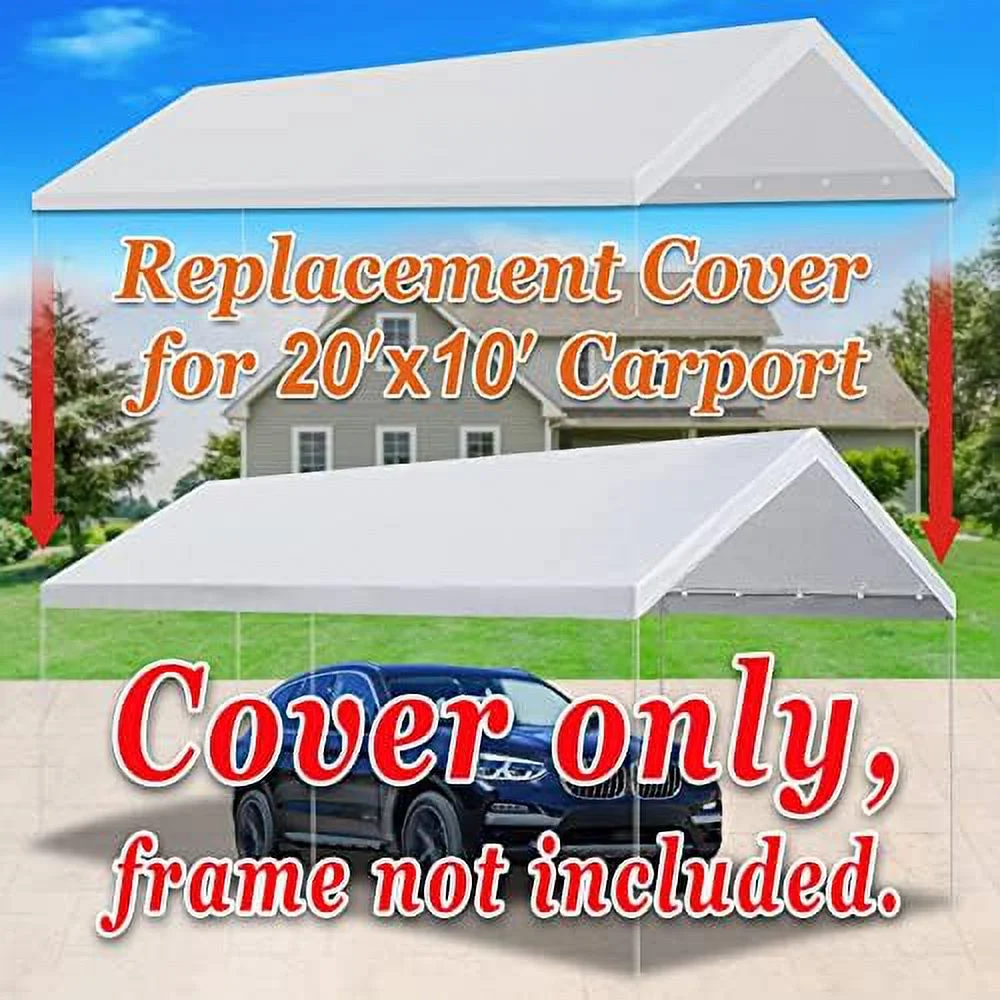 10 X 20-Feet Carport Replacement Top Canopy Cover For Tent Outdoor Canopy Garden Gazebo Garage Shelter Cover With Bungees White ( Cover, Frame Is Not Included)