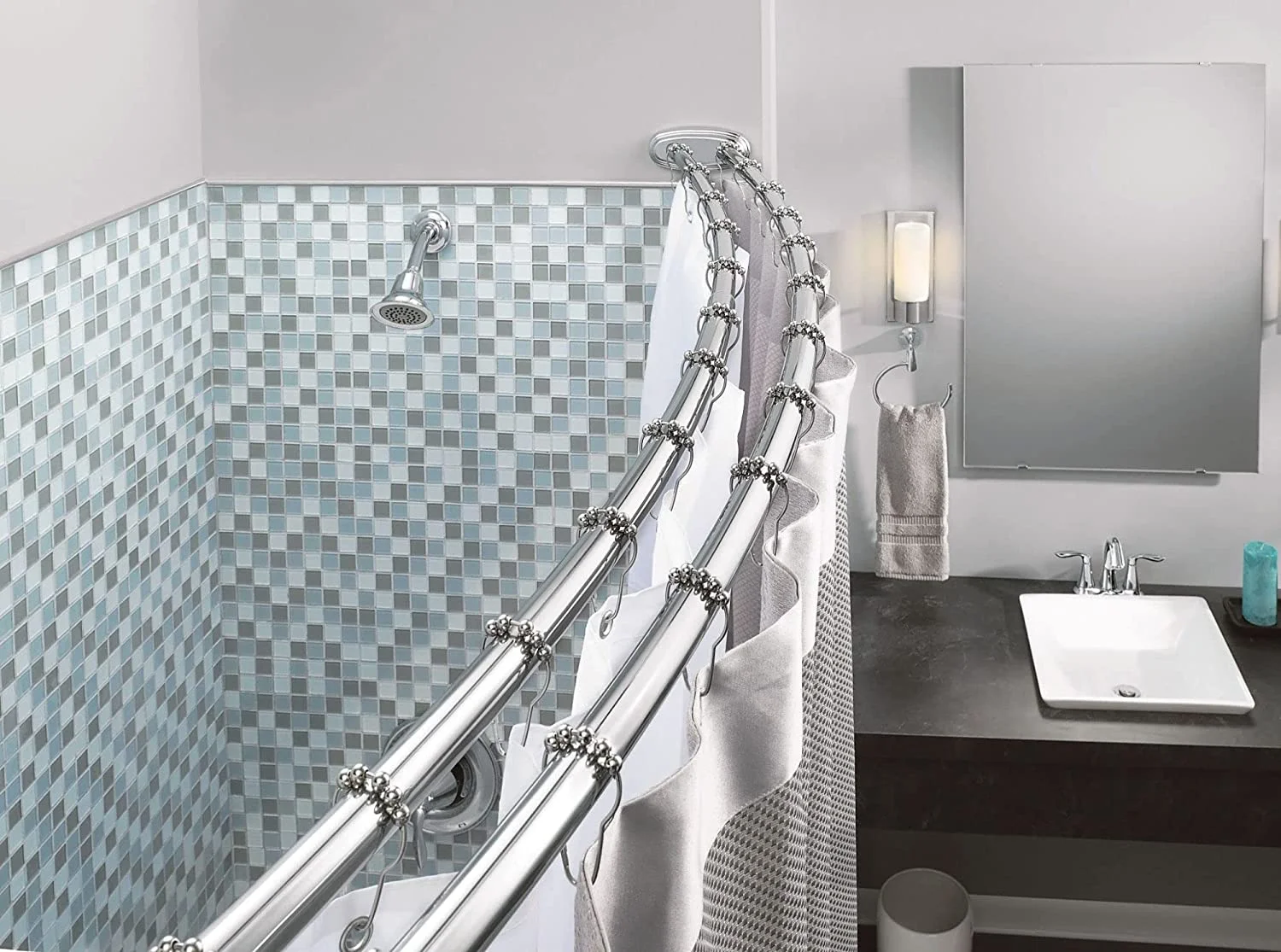 AUCHI DN2141CH 60-Inch Adjustable Stainless Steel Double Curved Shower Rod, Chrome