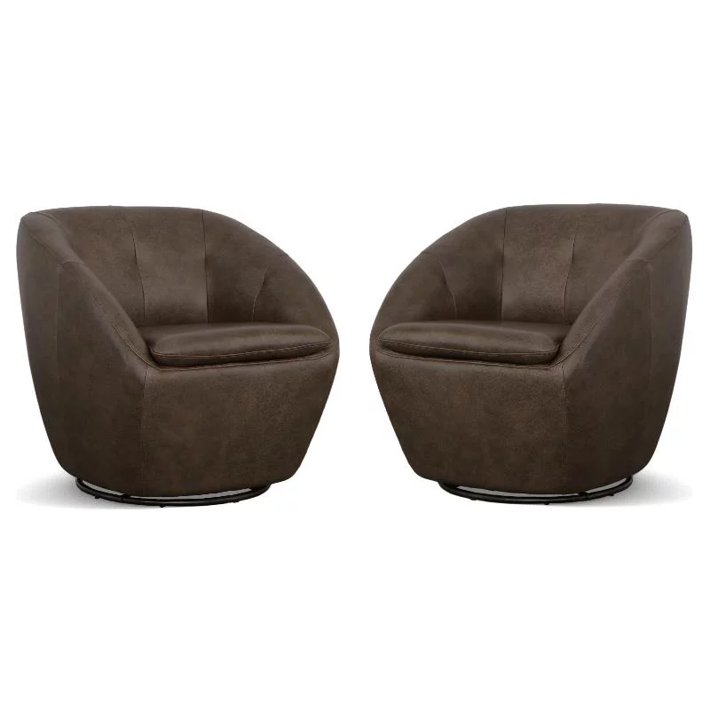 Home Square Leather Swivel Chair in Medium Brown Finish - Set of 2