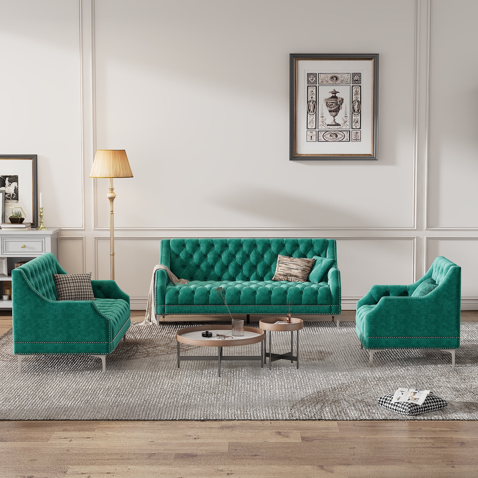 Modern 3-Piece Frosted Velvet Sofa Set: Metal Legs, Button Tufted Backrest, Includes Three-Seater, Double Seater, and Single Chair for Living Room