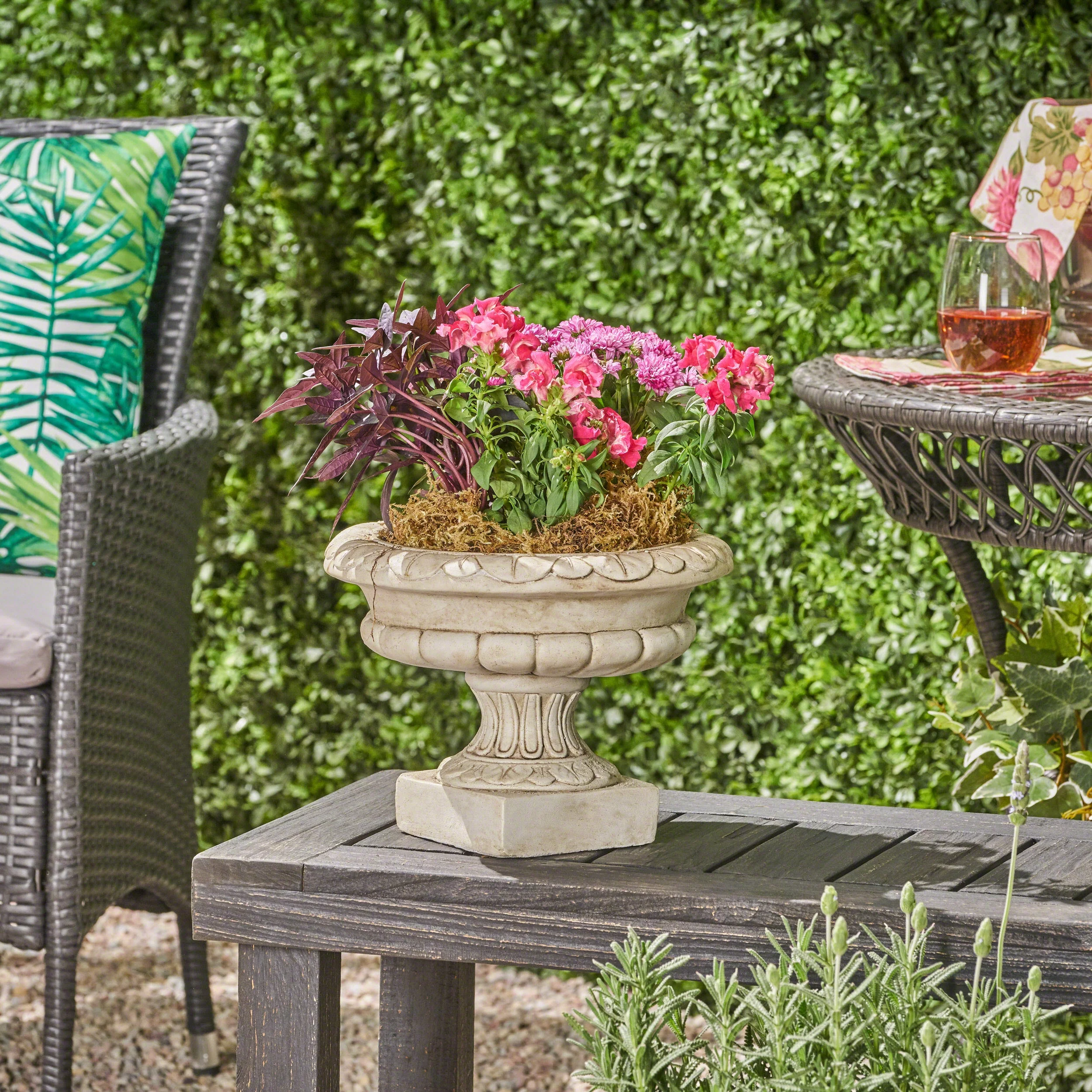 GDF Studio North Outdoor Cast Stone Roman Chalice Garden Urn Planter, Antique White