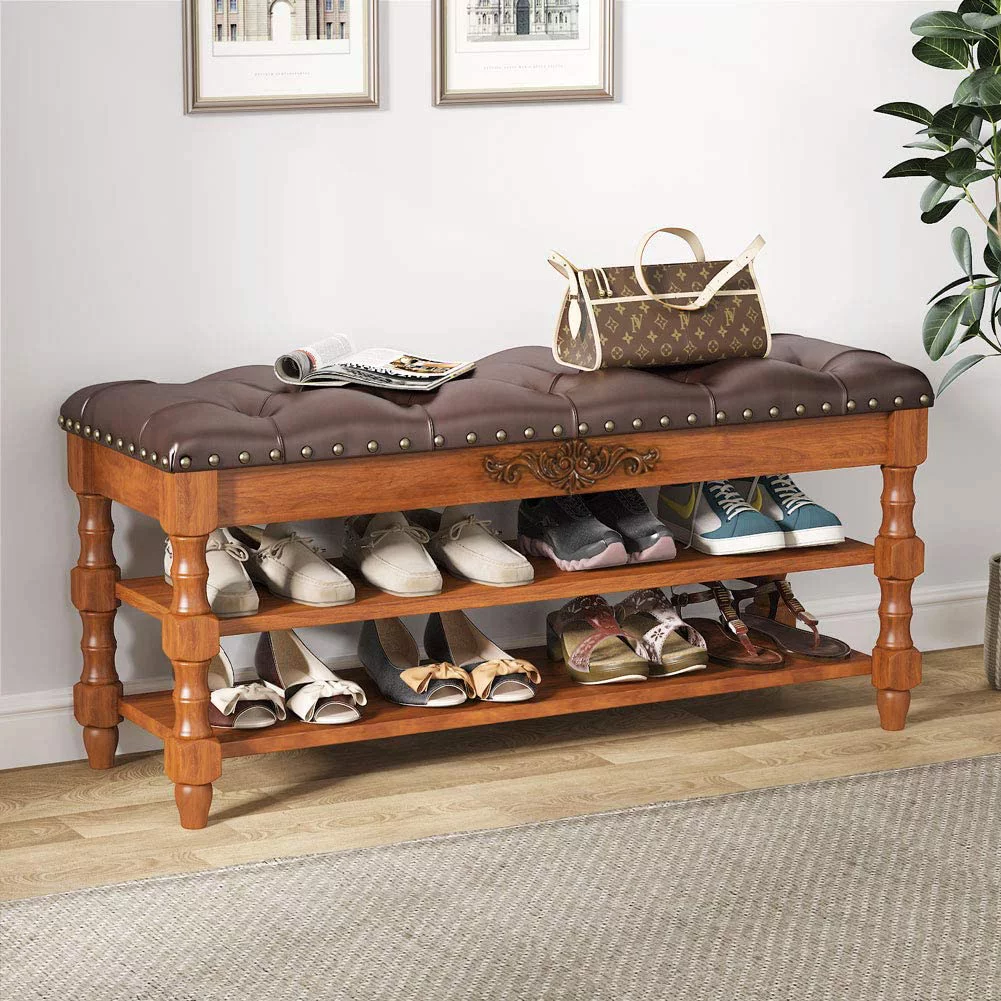 Tribesigns Shoe Bench Entryway, Solid Wood Storage Foyer Bench 2-Tier Shoe Rack Bench with Lift Top Seating Tufted Leather Cushion