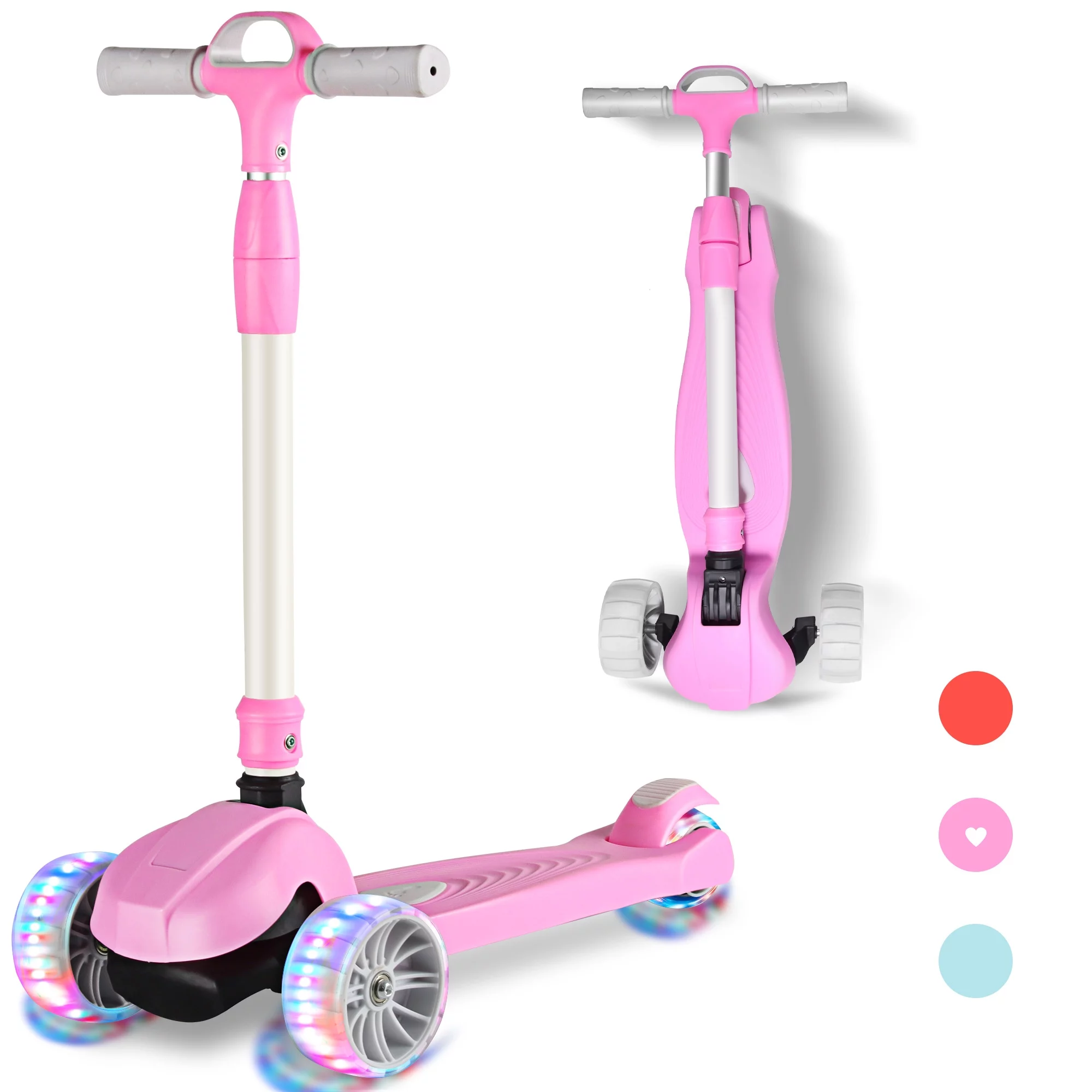 JOINATRE 3 Wheels Light Up Kick Scooter for Kids Age 3-12, Kids Scooter with Extra Wide Deck Pu Wheels for Kids with 4 Adjustable Heights, Lean to Steer, Gifts for Boys or Girls, Pink