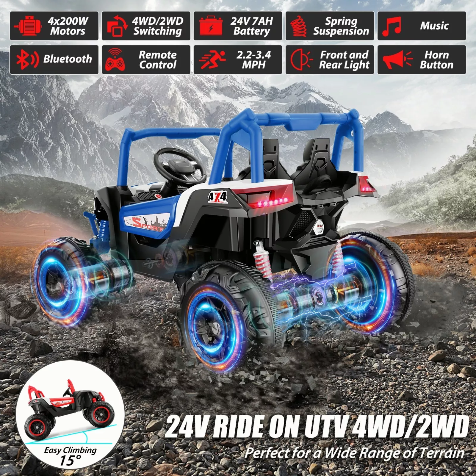ZOGYMOZ 24V 2 Seater Kids UTV Ride On Buggy, 4x4 Off-Road Battery Powered Electric Car with Remote Control