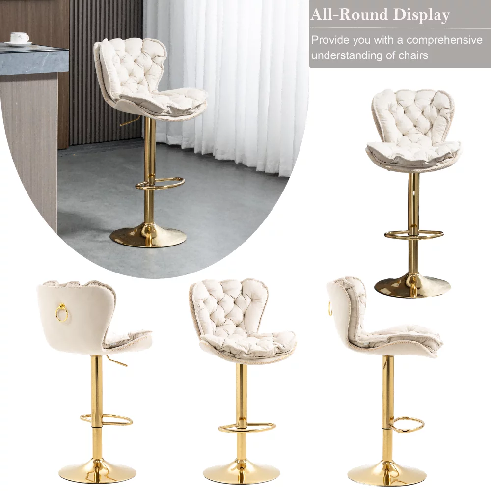 Modern Velvet Tufted Kitchen Stool with Golden Base, Swivel Bar Stools, Adjustable Bar Chair with Back Tufted Stool for Home Bar Kitchen Island(Ivory,Set of 2)