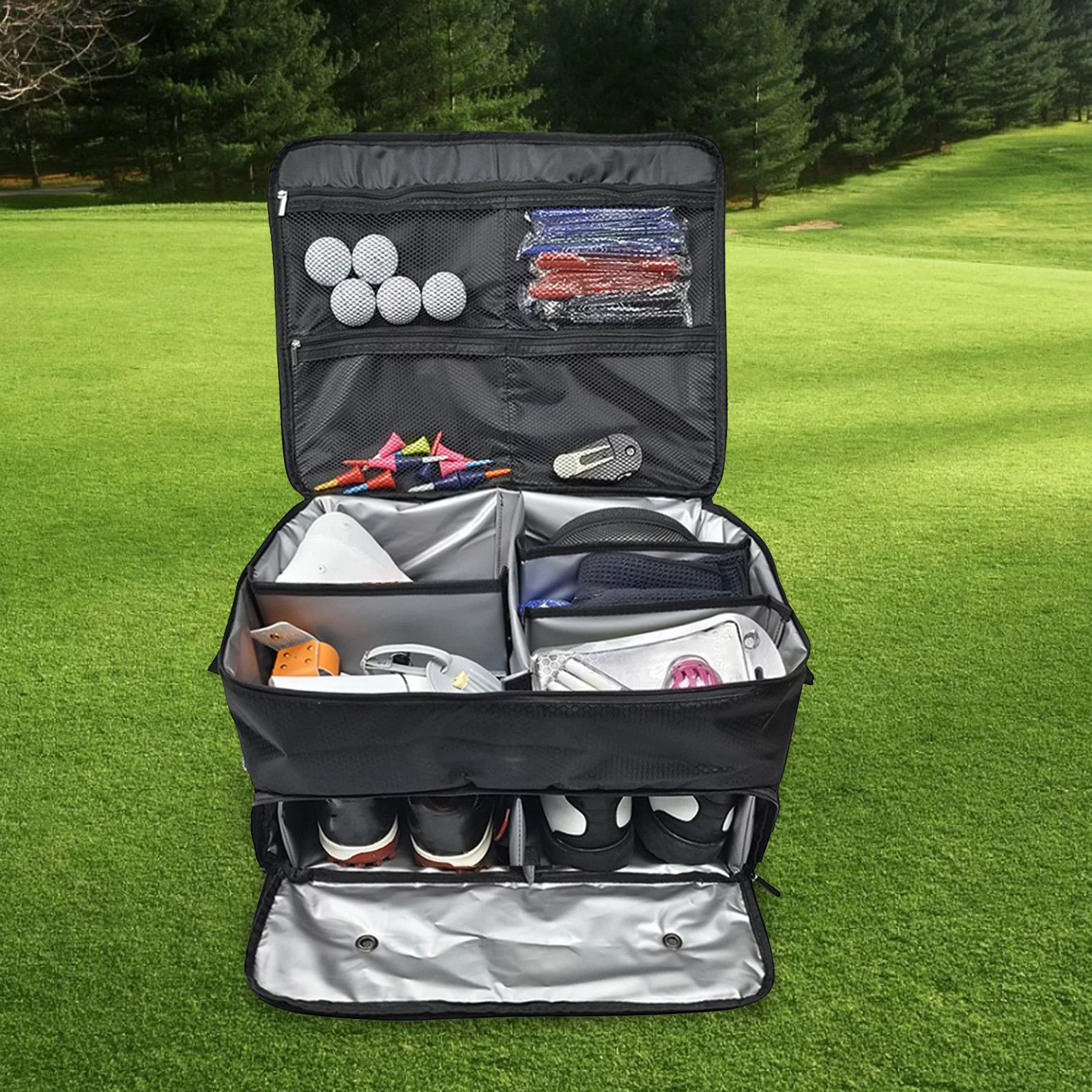 Golf Trunk Organizer Locker for Car Large Capacity 2 Layer Multipurpose Zipper Travel Bag Golf Storage Bag for Clothing, Balls,