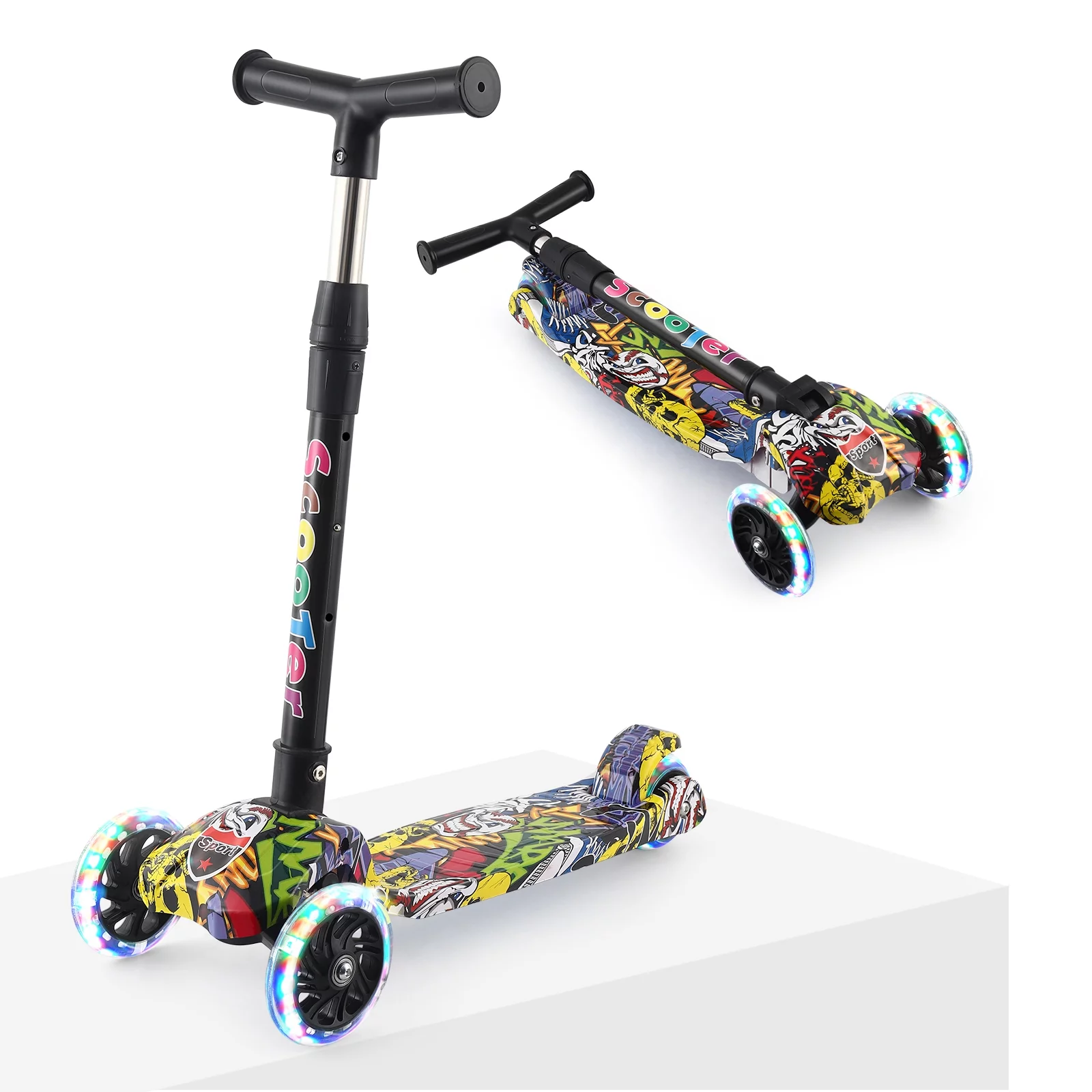 3-Wheel Adjustable Led Pedal Scooter, T-Bar Scooter, Suitable For Young Children,Yellow