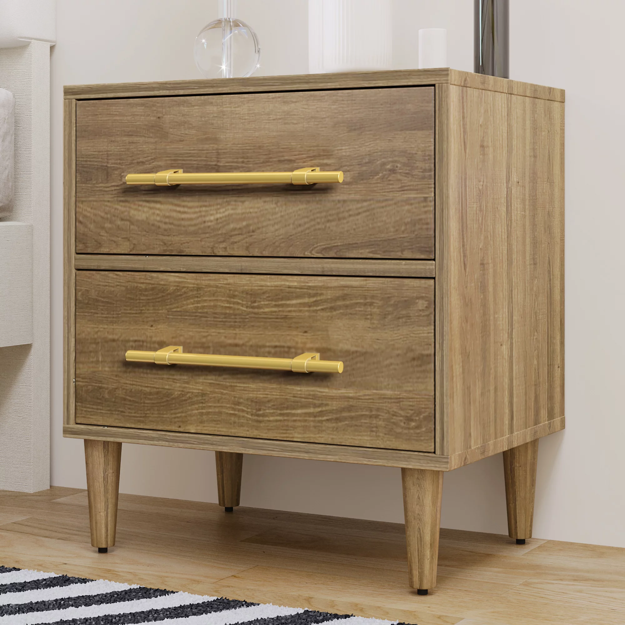 Lausatek Mid-Century Modern Easy Assembly Nightstand with Golden Handles With Two Drawers on Ball Bearing Drawer Slides & Gold Drawer Pulls