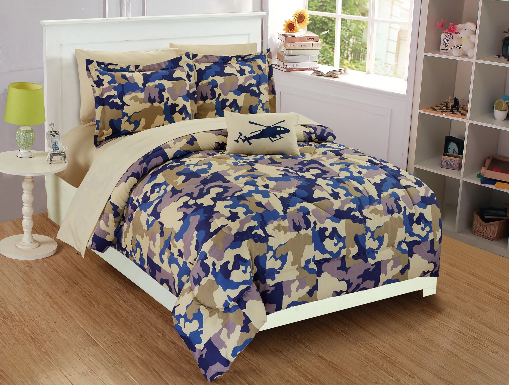 Fancy Linen 8pc Full Comforter Set Kids Army Camouflage Beige Taupe Blue New