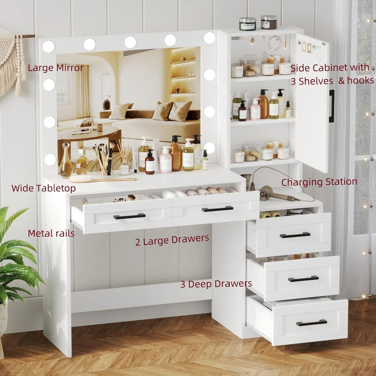TQJKLFDY Vanity Desk with Charging Station  Farmhouse  Desk with Lights Mirror and Drawers  Vanity Table with Side Cabinet  Dressing Table for Girls  Women  White WDT008W