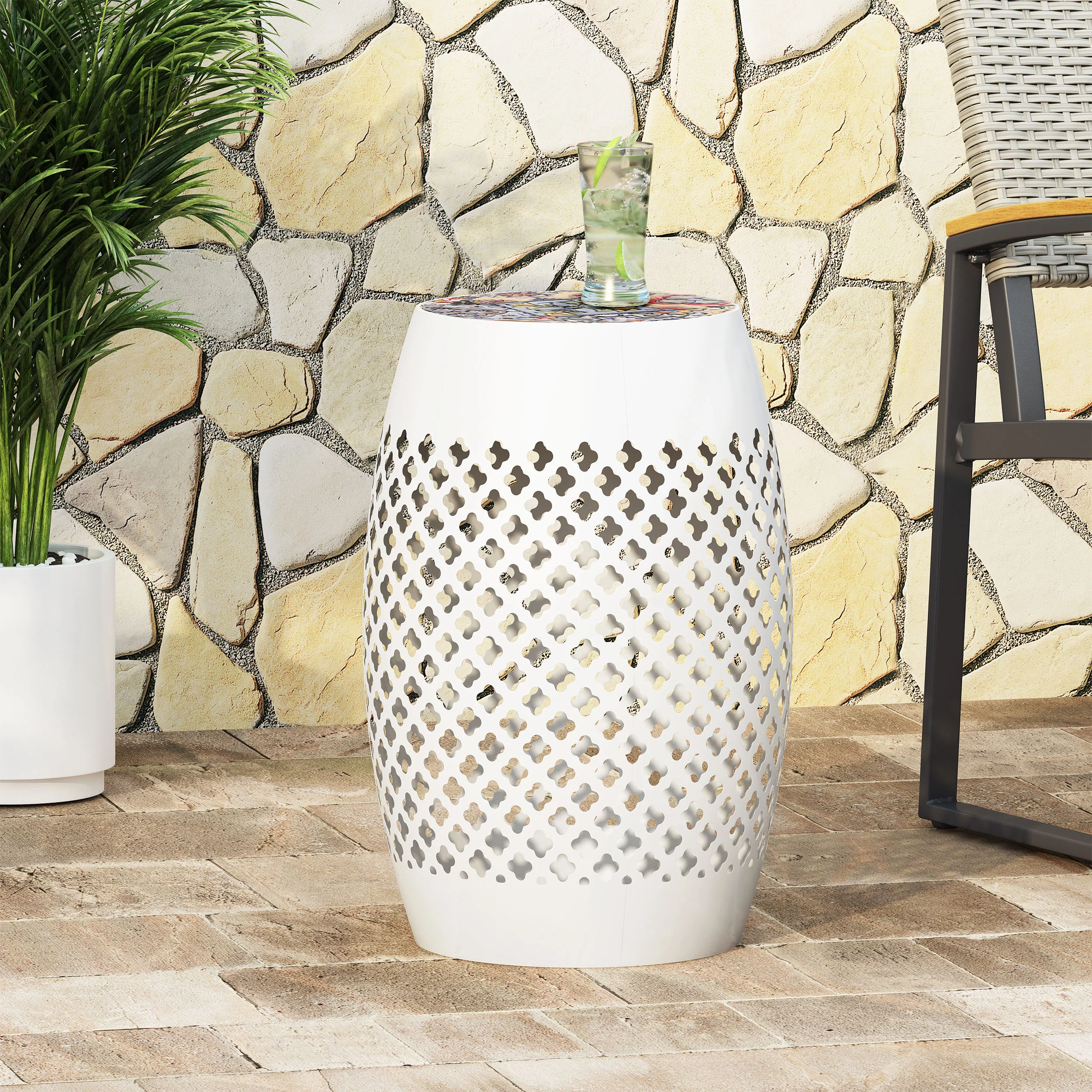 GDF Studio Kalyse Outdoor Lace Cut Side Table with Tile Top, White and Multicolored
