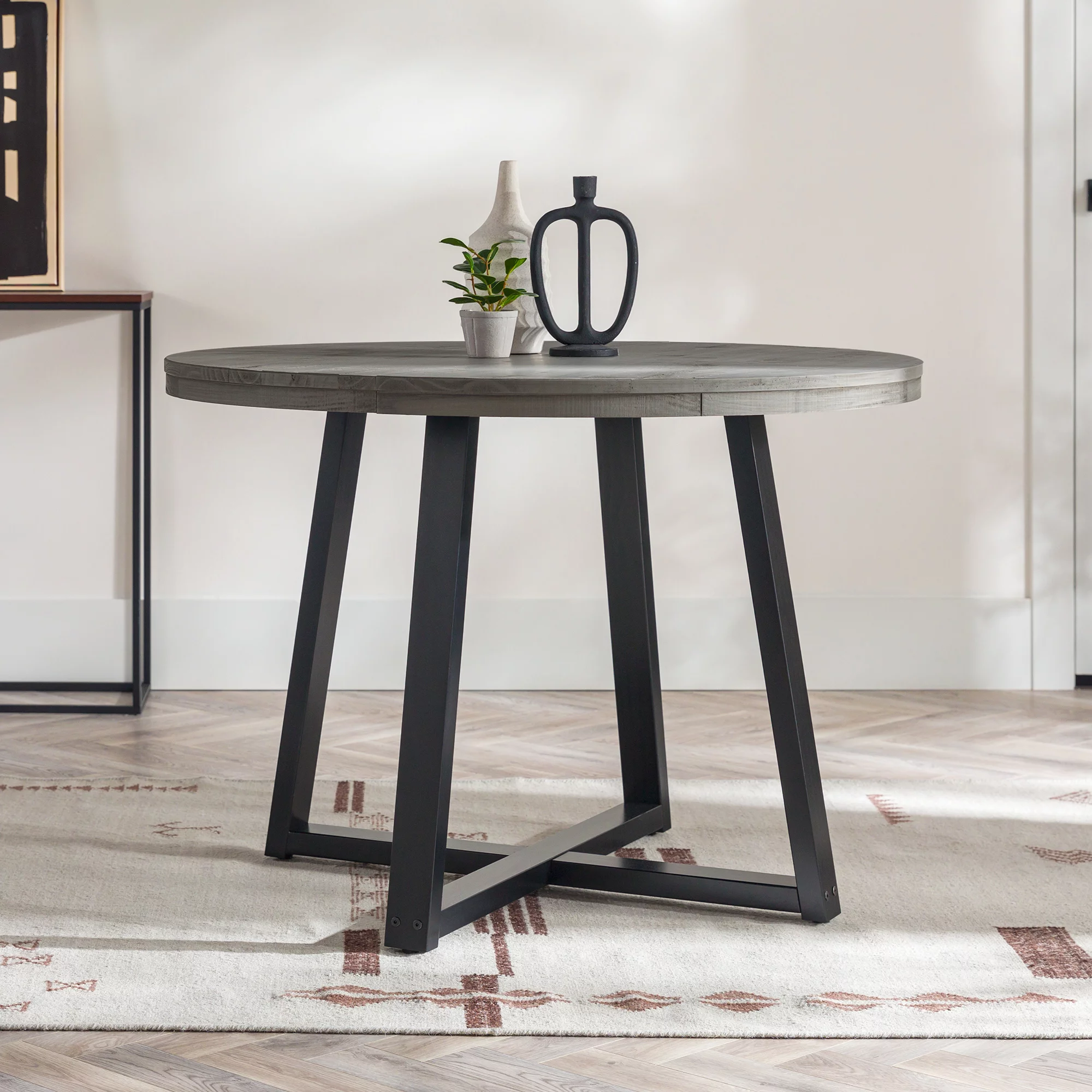 Walker Edison 42” Rustic Distressed Solid Wood Round Dining Table, Grey/Black