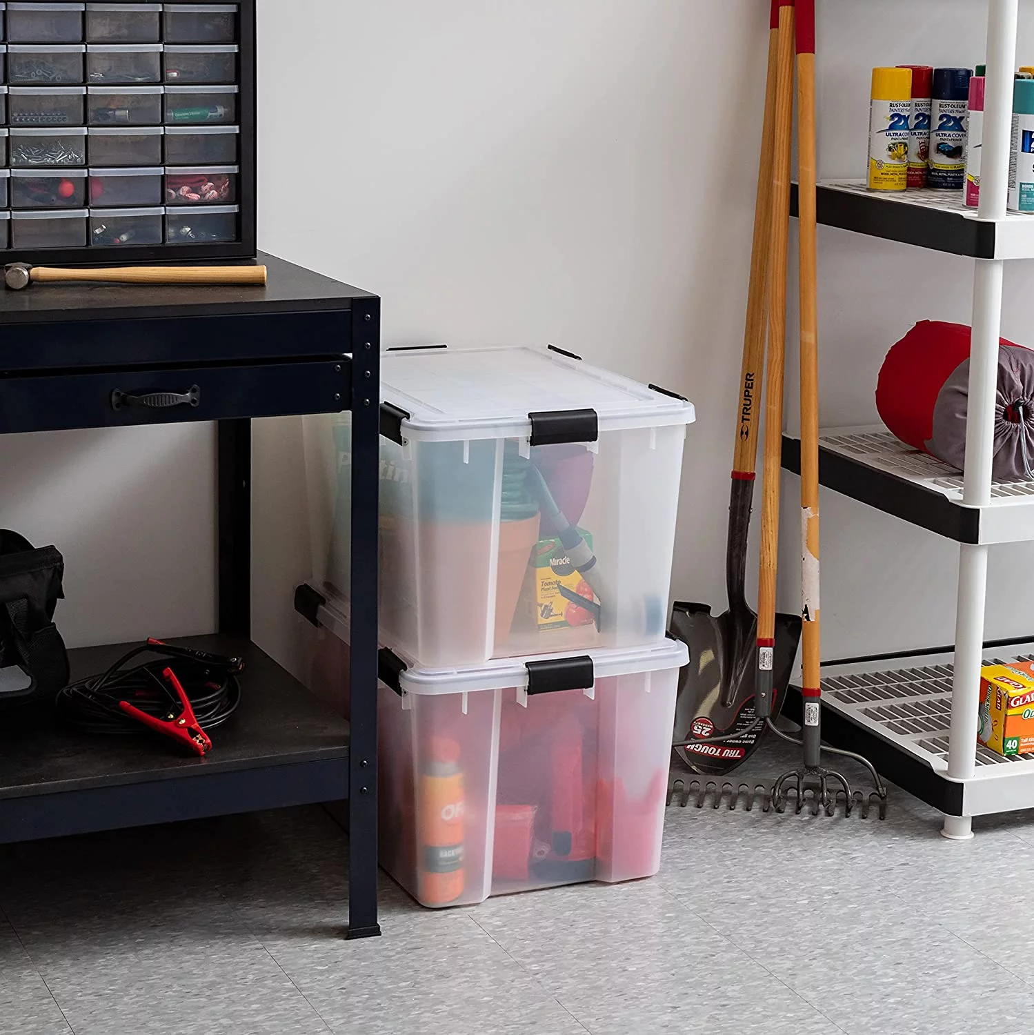 IRIS USA 74 Qt Storage Box with Gasket Seal Lid, 2 Pack - BPA-Free, Made in USA - Heavy Duty Moving Containers with Tight Latch, Weather Proof Tote Bin, WEATHERPRO - Clear/Black