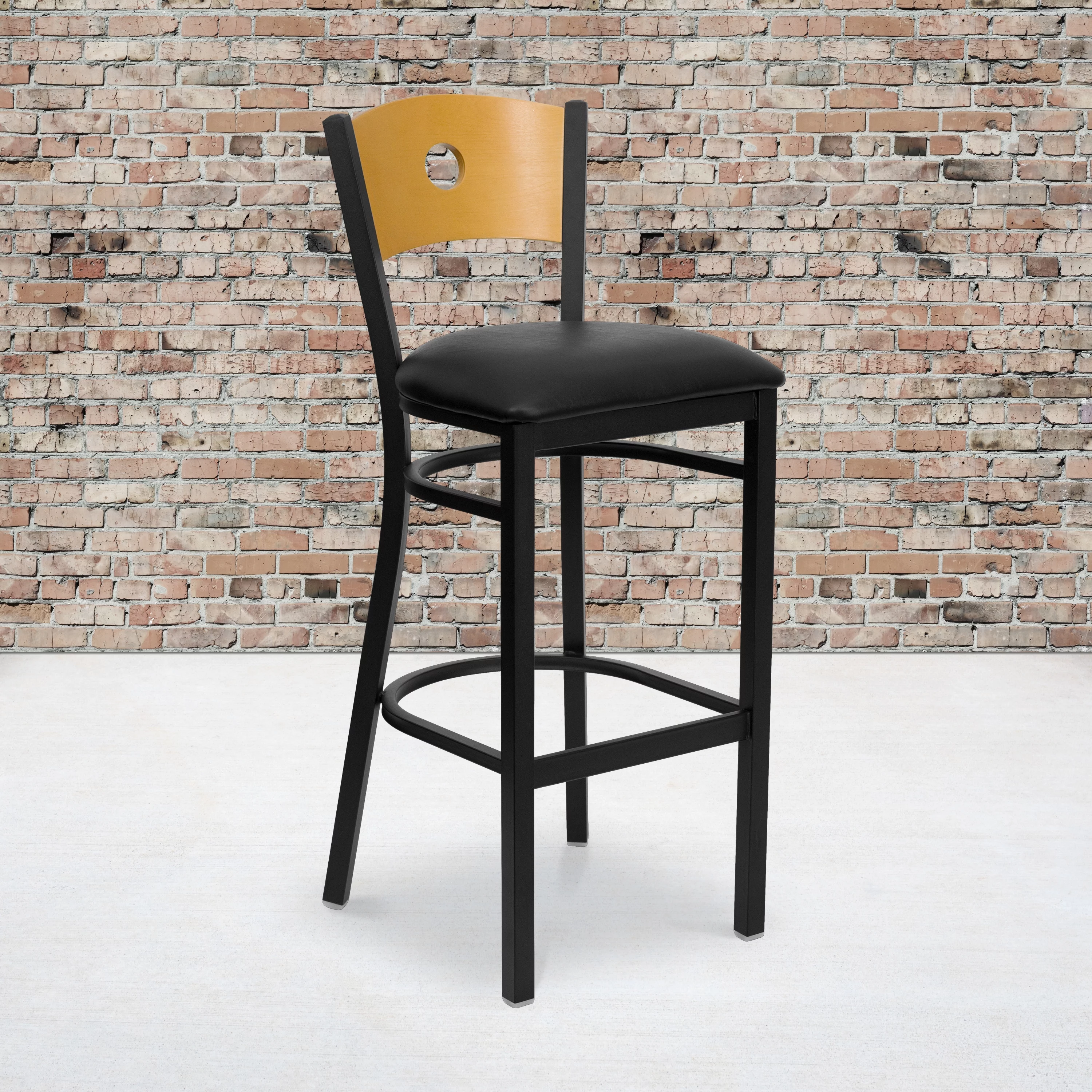 Flash Furniture 2 Pk. HERCULES Series Black Circle Back Metal Restaurant Barstool - Natural Wood Back, Black Vinyl Seat