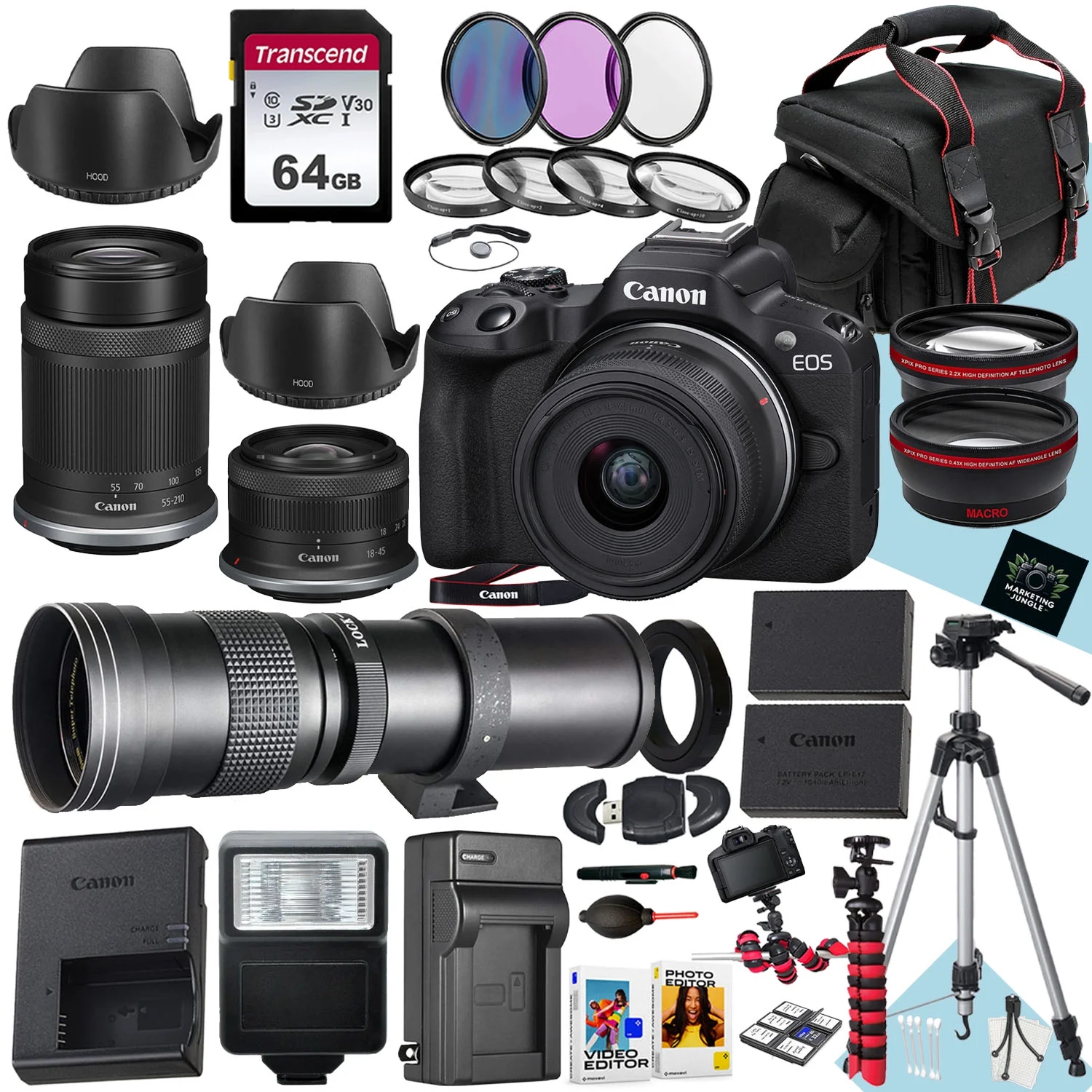 Canon EOS R50 Mirrorless Camera With RF-S 18-45mm f/4.5-6.3 IS STM, RF-S 55-210mm f/5-7.1 IS STM And 420-800mm Lens + 64 GB Memory + Filters + More (36pc Bundle)