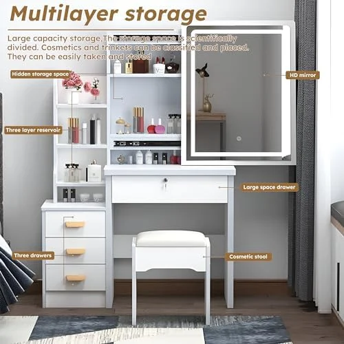 GVJMTKP Vanity Set with Lighted Mirror - 35.4" Large White Vanity Desk with 6 Drawers and Shelves  Hidden  Space Design  Vanity Table  Dressing Desk and Cushioned Stool Set for Bedroo