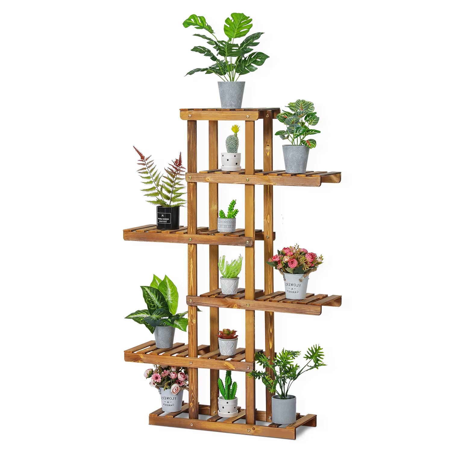 MoNiBloom Wood 5 Tiers Plant Stand, Flower Shelf, Display Rack, Carbonized, for Indoor Outdoor
