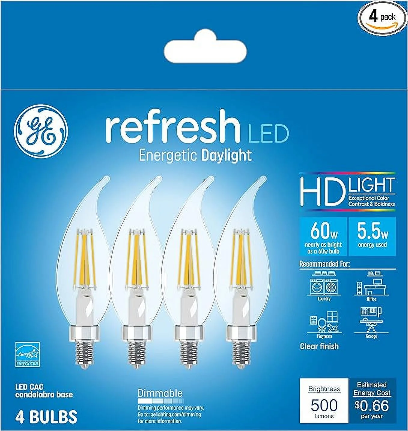 GE Refresh LED Light Bulbs, 60 Watt Eqv, Daylight, Decorative Clear Bulbs, Small Base (4 Pack)
