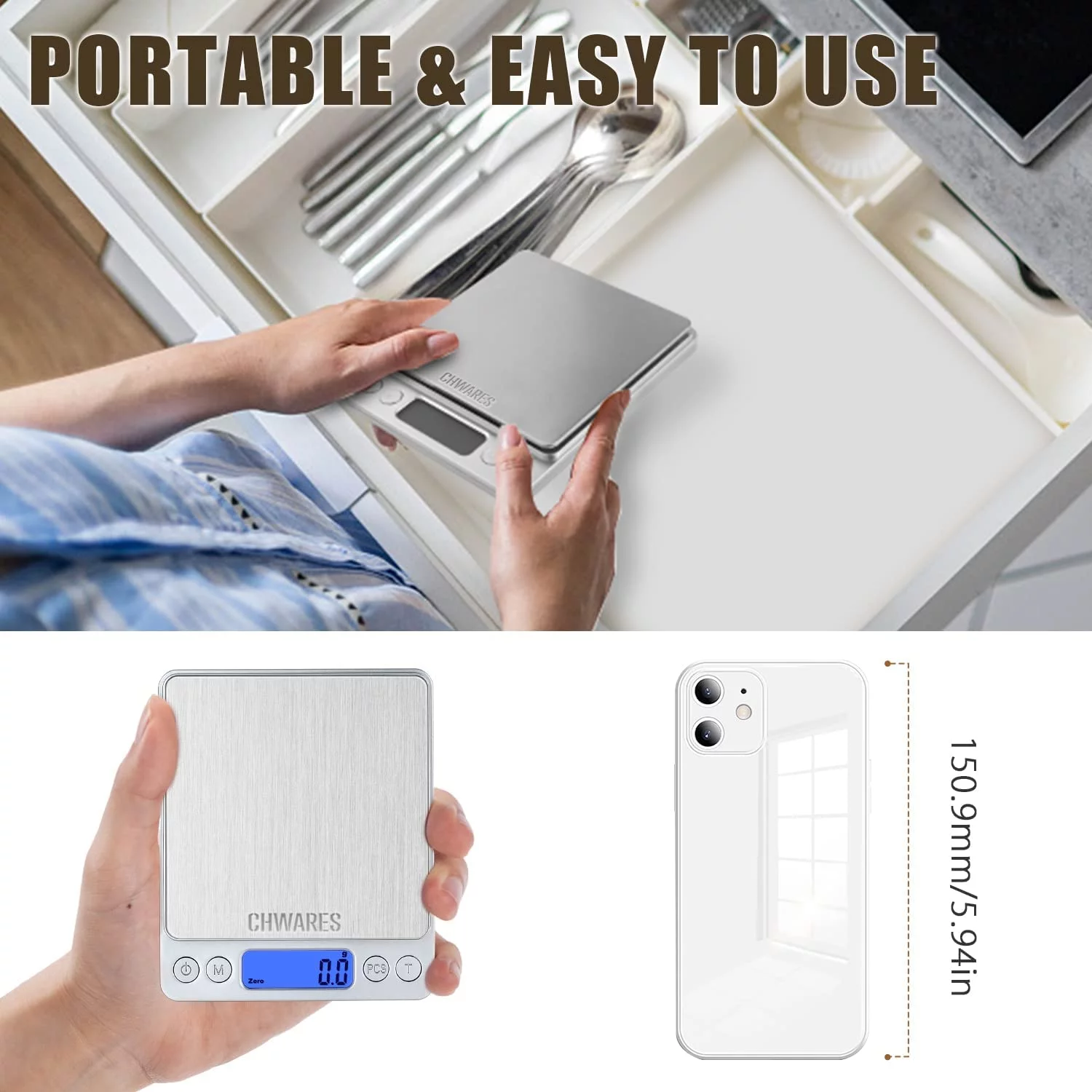 Food Scale, Rechargeable Kitchen Scale with Trays 3000g/0.1g, Small Scale with Tare Function Digital Scale Grams and Ounces for Weight Loss, Dieting, Cooking, Meal Prep, Coffee, Jewelry