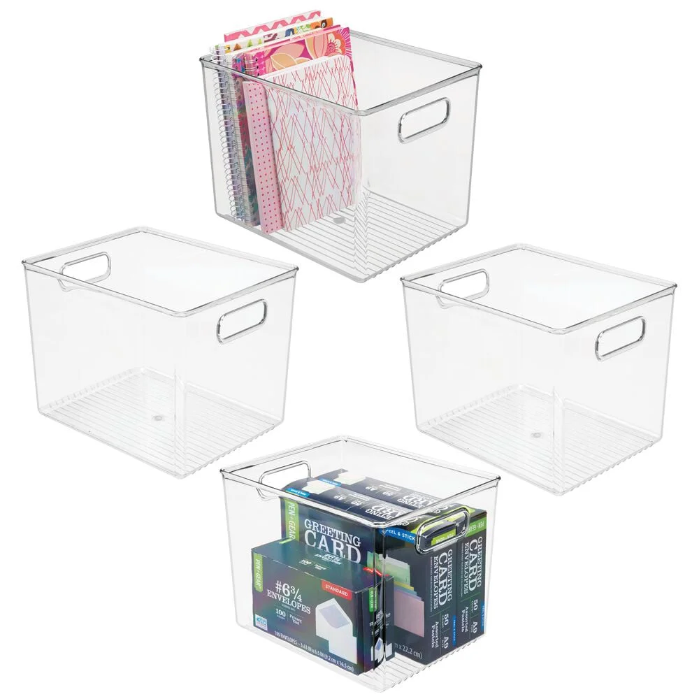 mDesign Plastic Office Storage Organizer Bin, Built-In Handles, 4 Pack, Clear