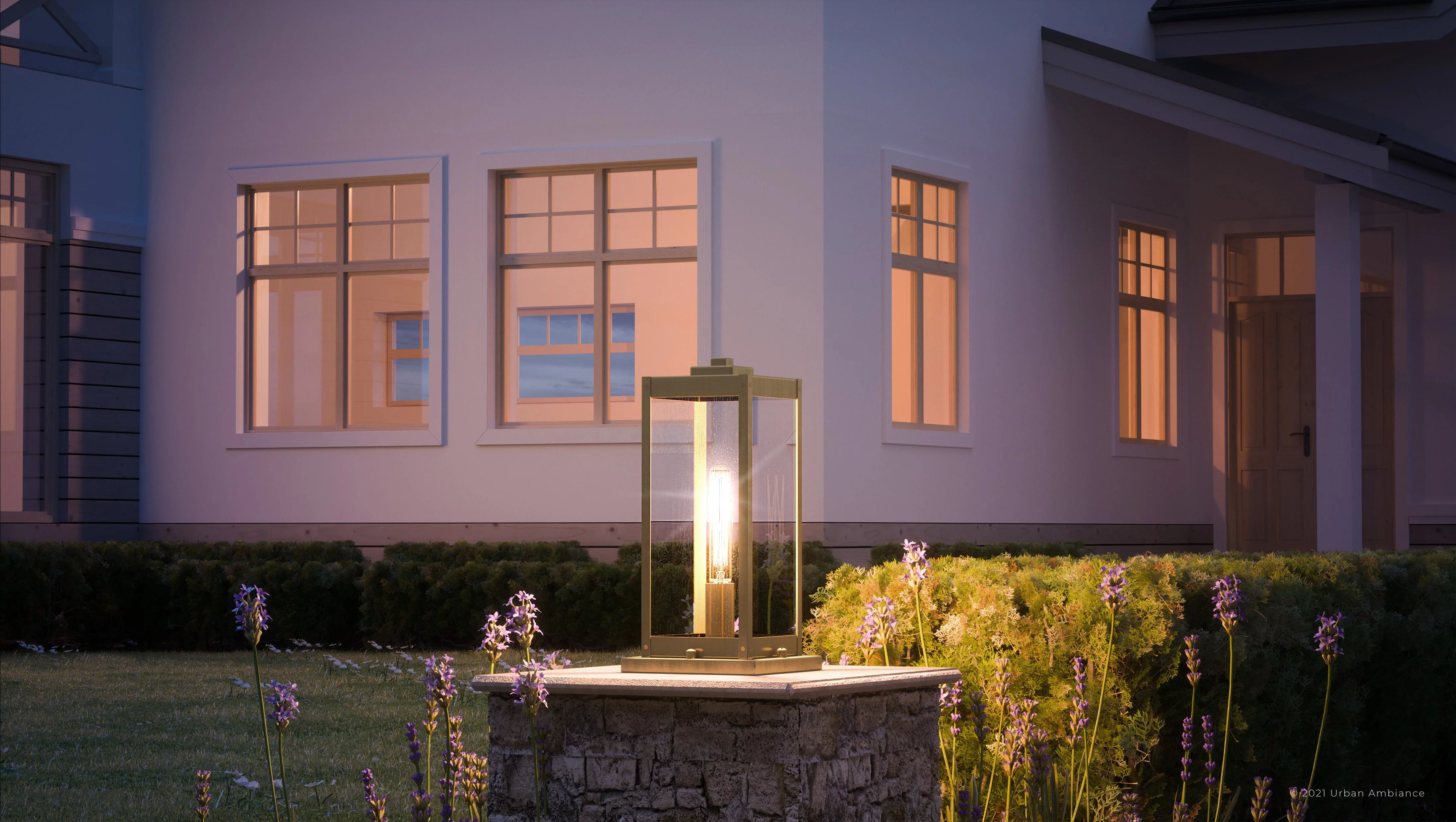 Luxury Modern Farmhouse Outdoor Post Light, 16.00''H x 7.50''W, with Industrial Style Elements, Minimalist Design, Antique Brass Finish and Clear Seeded Glass, UQL1346