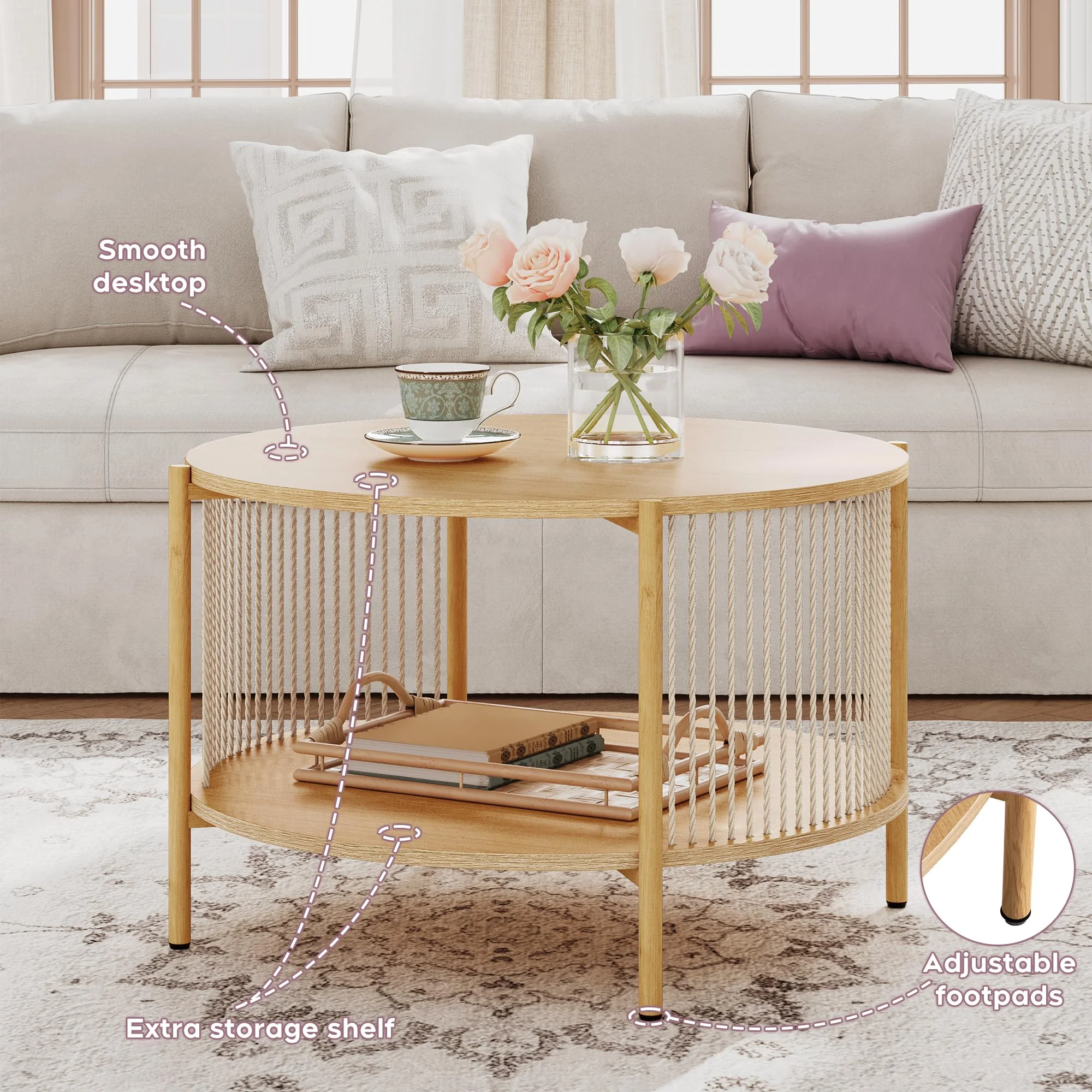 Brafab 3-Piece Coffee Table Set with Natural Fiber Rope for Living Room，Round Wooden Rattan Coffee Table and Two End Tables, Boho 2 Tier Modern Side Table with Metal Frame for Apartment Home Office