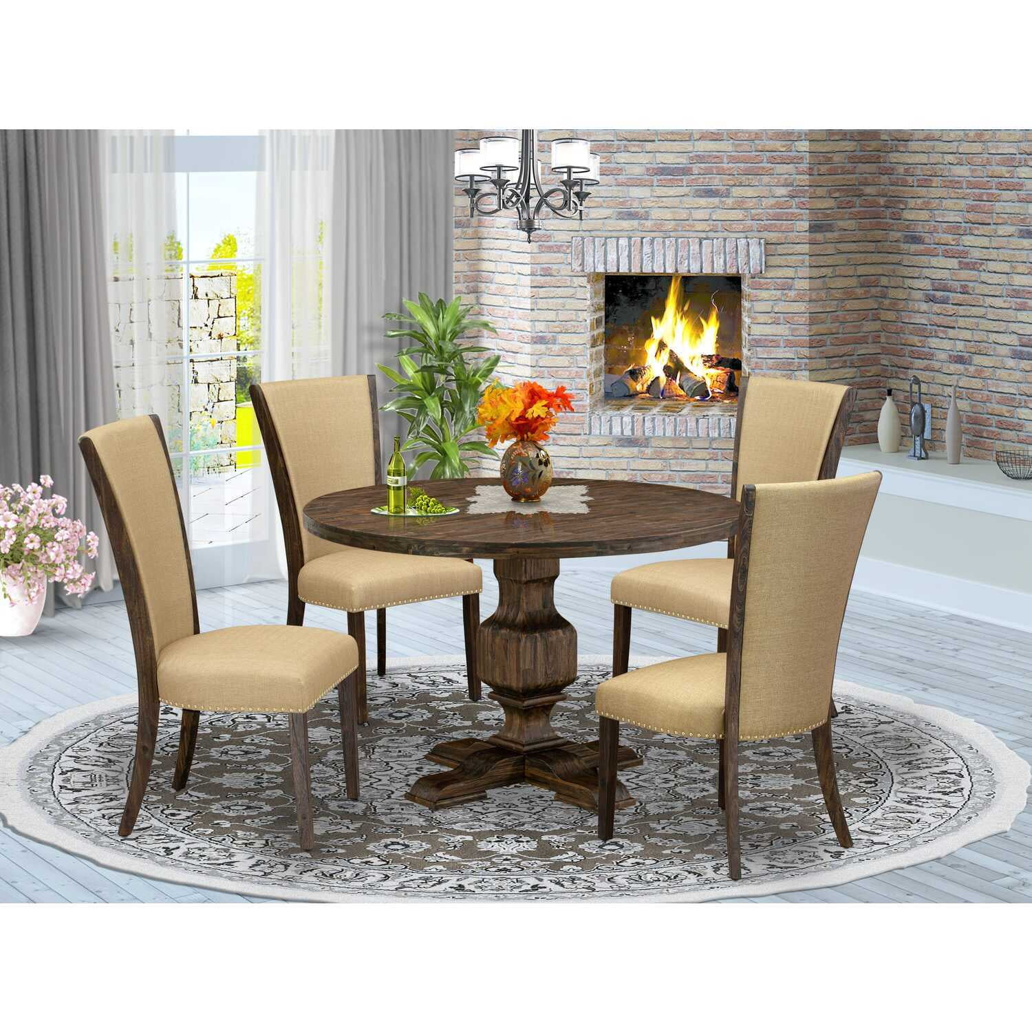 HomeStock Mountain Majesty 5Piece Modern Dining Set Dining Table And 4 Brown Color Parson Padded Chairs With High Back Distressed Jacobean Finish