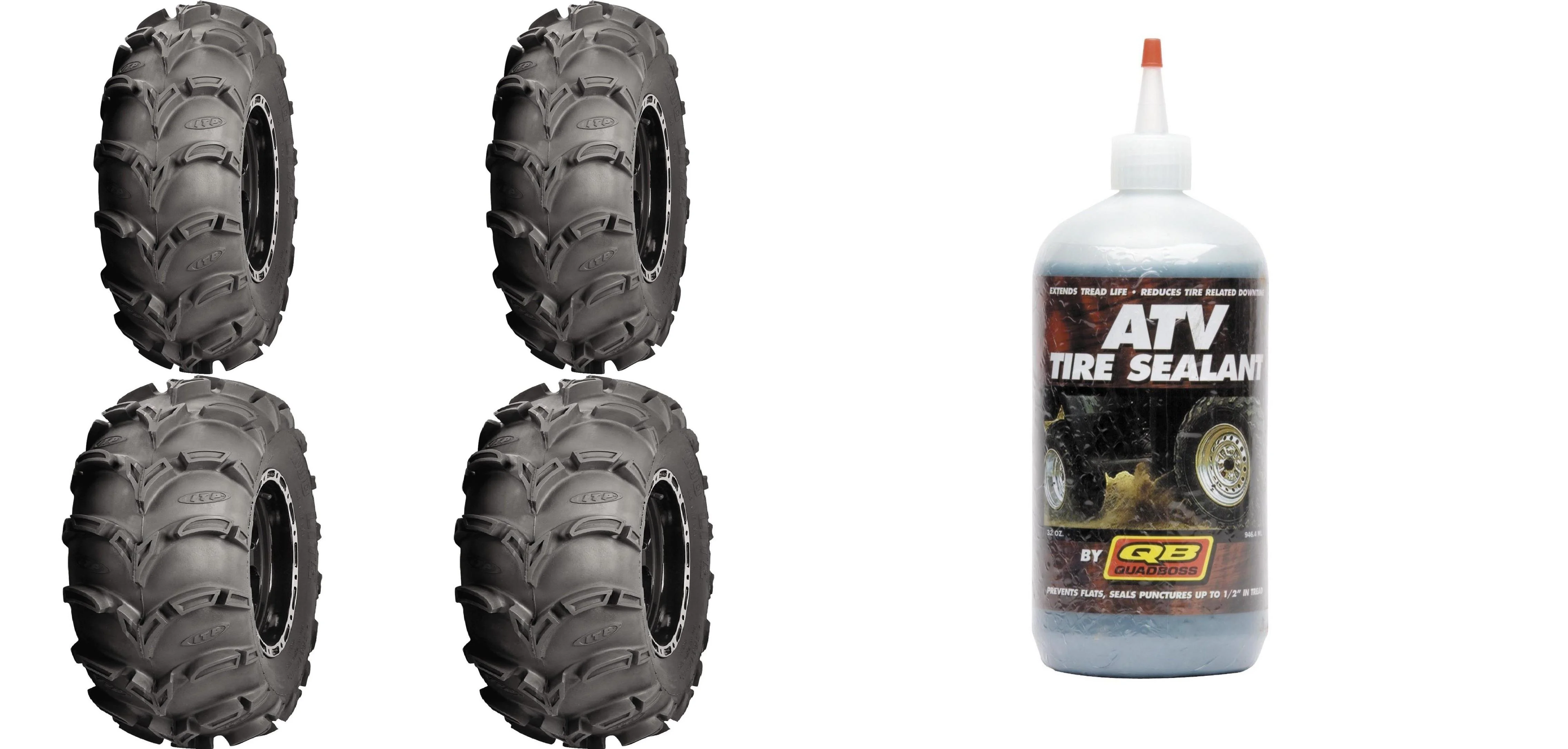 Set of 4 ATV ITP Tires (Mud Lite XL 26x9-12 Front, 26x12-12 Rear) with QUADBOSS Sealant