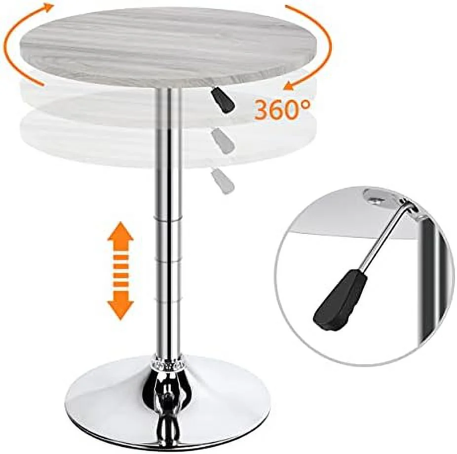 Height Adjustable Round Pub Table Counter Bar Height MDF Top Table 360° Swivel Bar Tables Tall Cocktail Tables Bistro Table, Grey