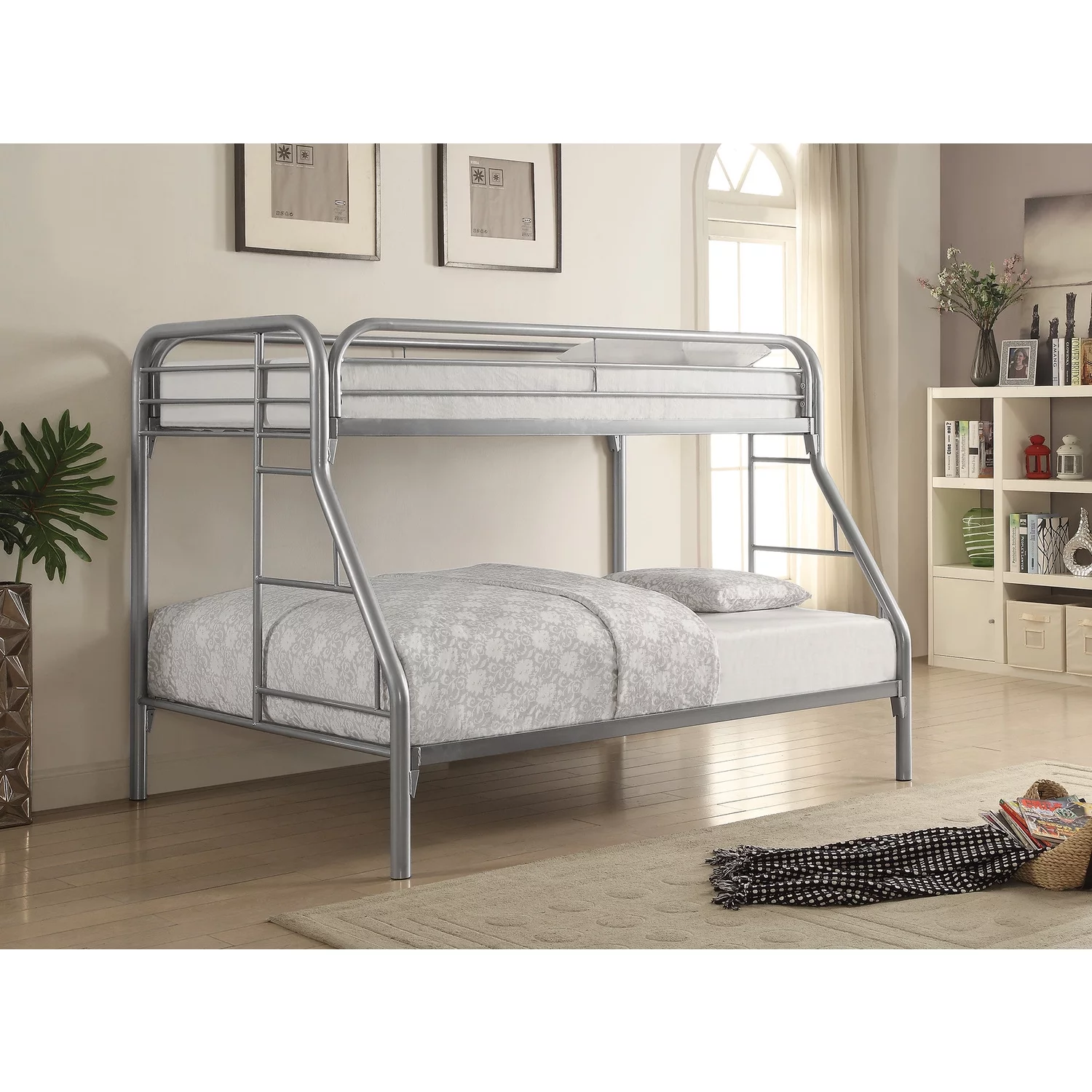 BenJara Metal Twin Over Full Bunk Bed with Side Ladders, Silver
