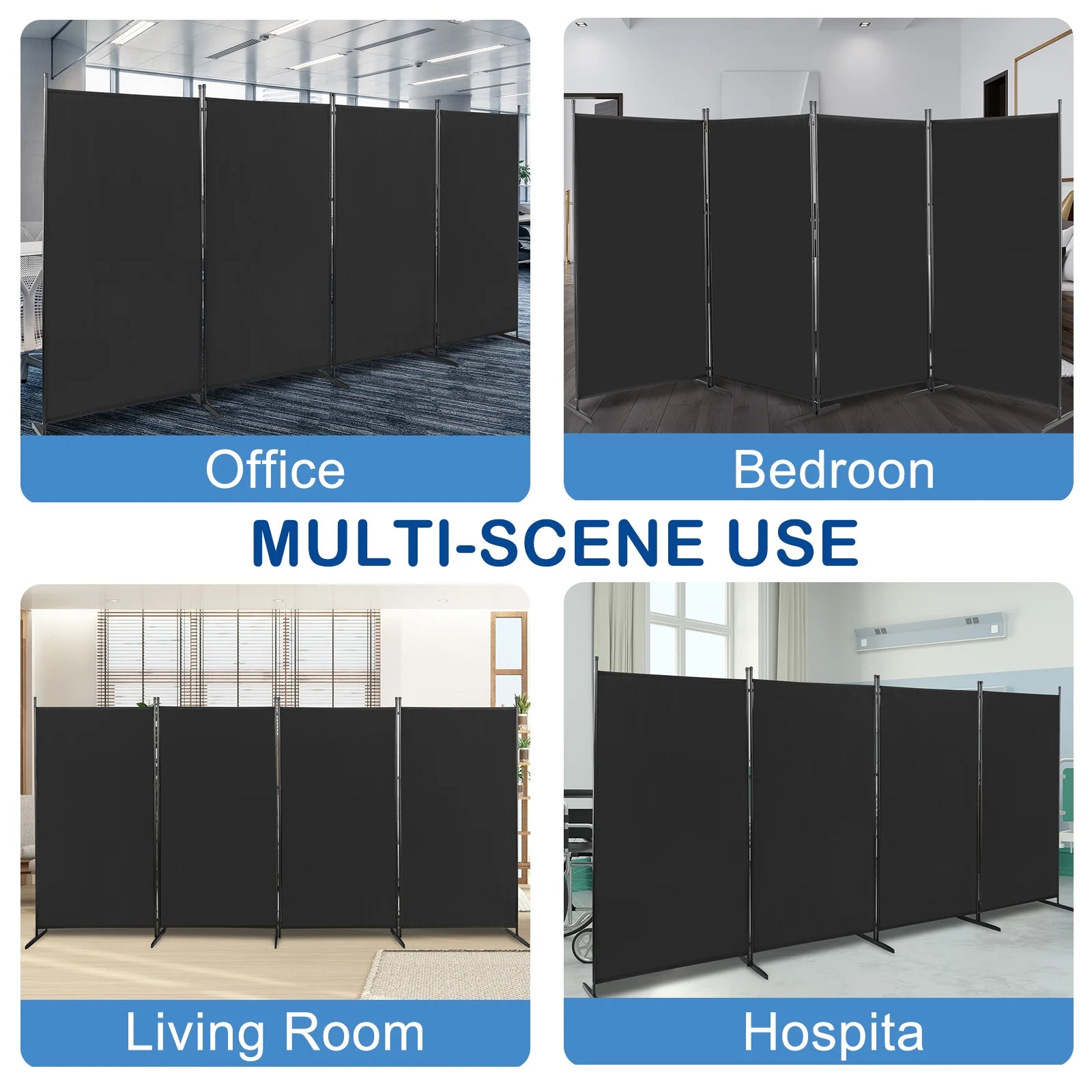 MDHAND 4-Panel Room Divider, 6 Ft Weave Fiber Folding Privacy Screen w/ Carbon Steel Frame, Black