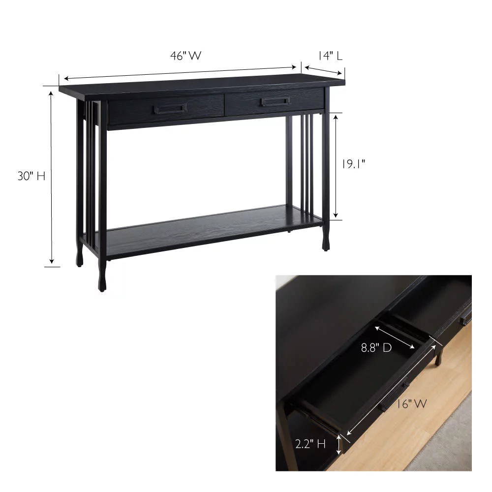 Leick Home 11233-BK Ironcraft Rustic Two Drawer Console Table with Shelf, Black Wash