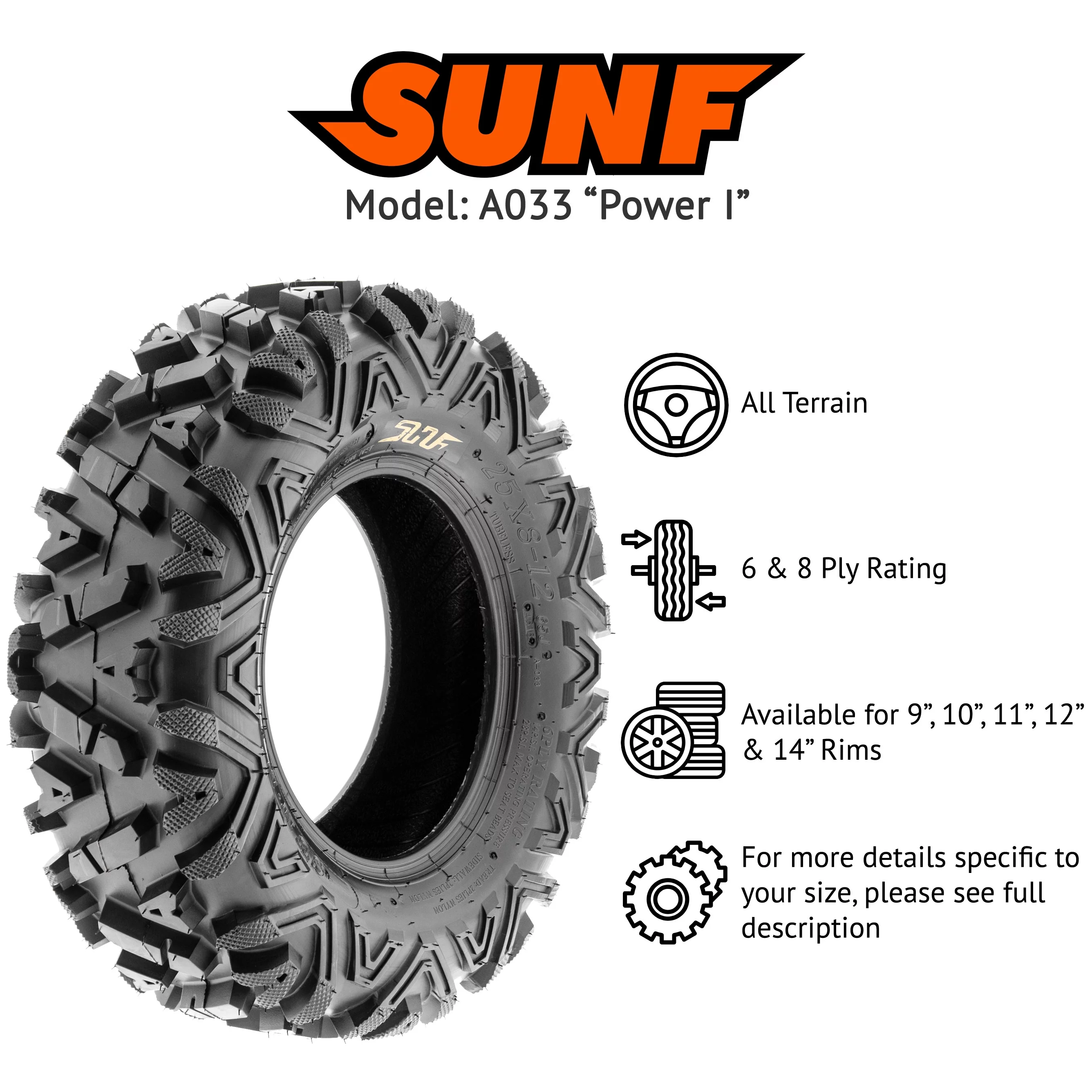 SunF All Terrain ATV UTV Tires 28x9-12 28x9x12 6 PR A033 (Pair of 2)