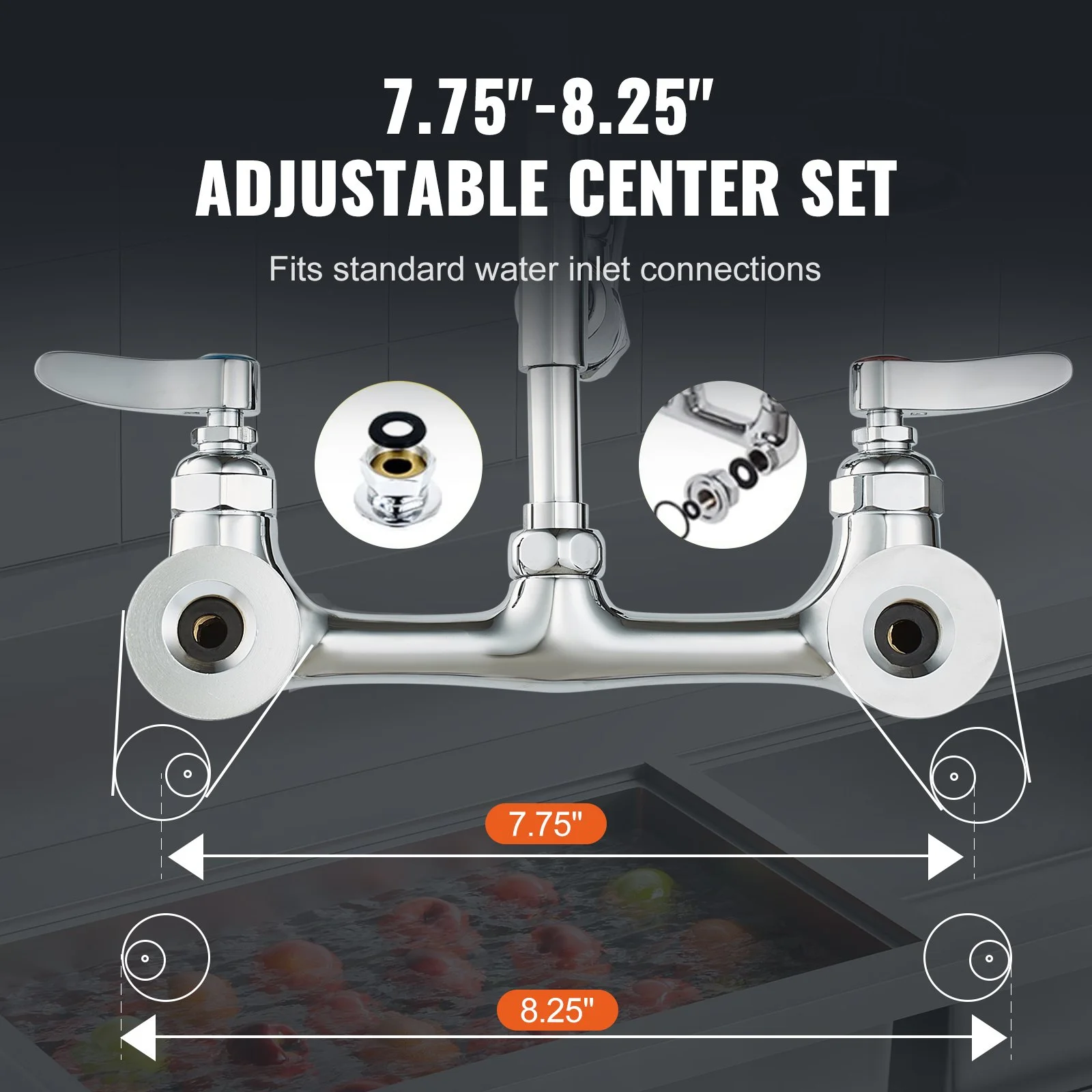 VEVOR Commercial Kitchen Faucet with Pre-Rinse Sprayer, 44-Inch Height, Wall Mount, 12-Inch Swing Spout, 8-Inch Center, Brass Construction, Pull Down Spray for 1/2/3 Compartment Sinks