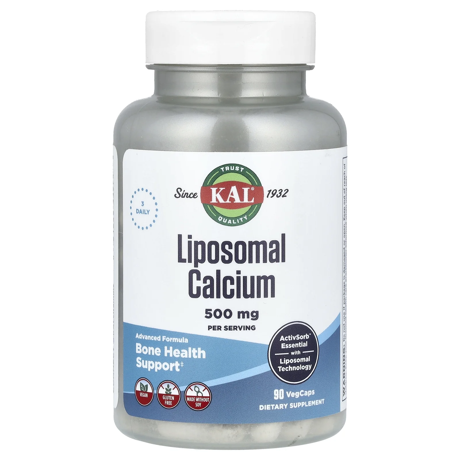 KAL Liposomal Calcium 500 mg - High Absorption Calcium Supplement - Essential Bone Health Support - Vegan, Gluten Free, Made Without Soy, 30 Servings, 90 VegCaps