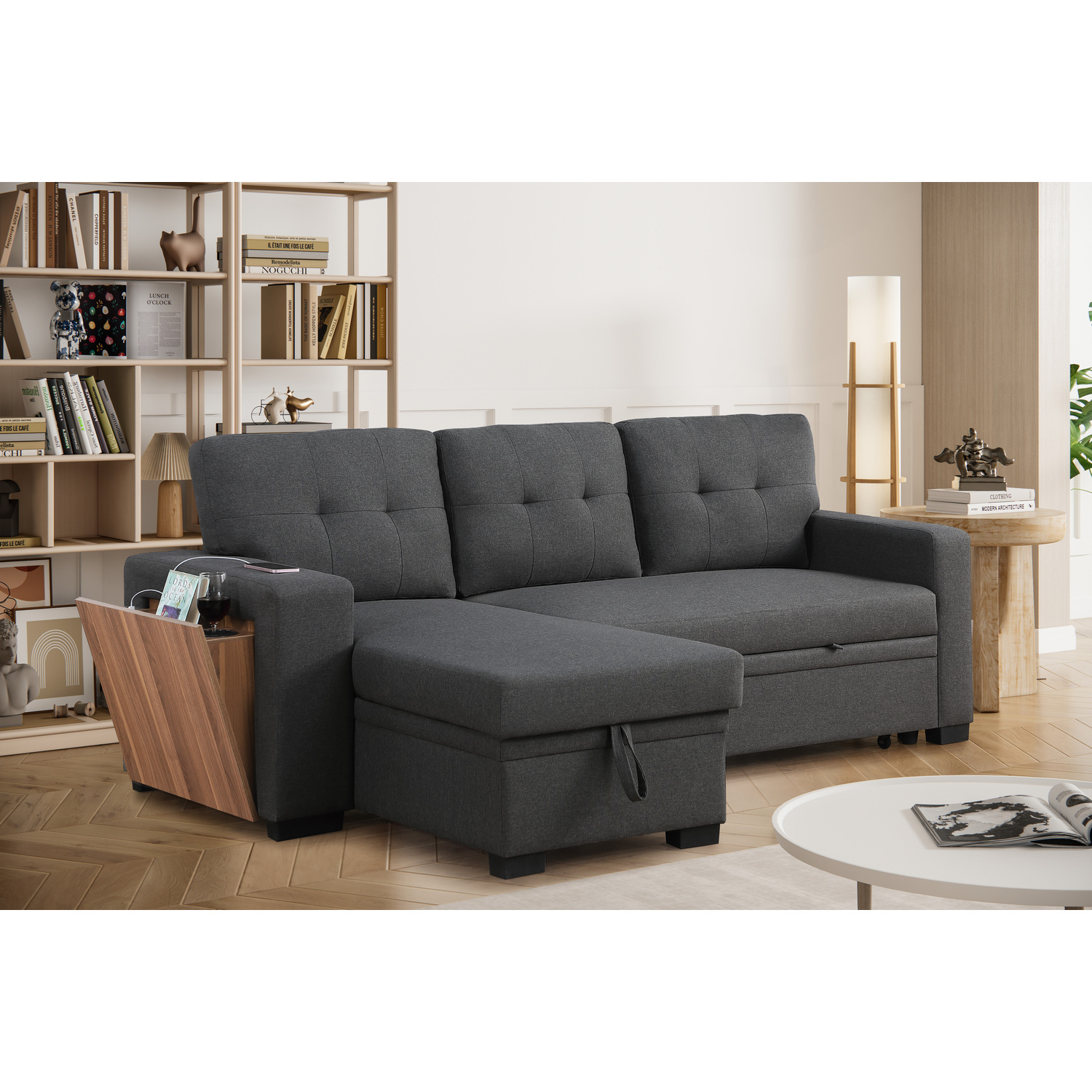 HomeStock Fabric Reversible Modern Side Compartment Sleeper Sectional Sofa Bed-Dark Gray