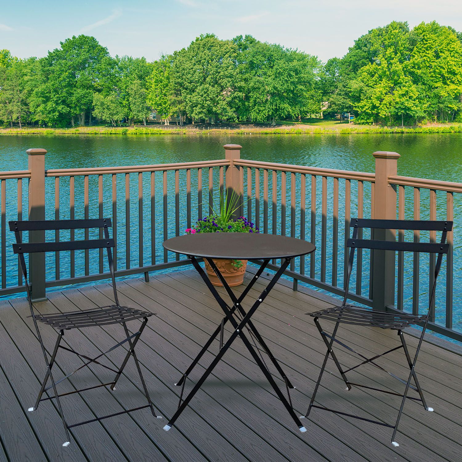 Evelyn 3 Piece Folding Porch Furniture Set – Two Comfortable Sitting Chairs With a Backyard Coffee Table - Black