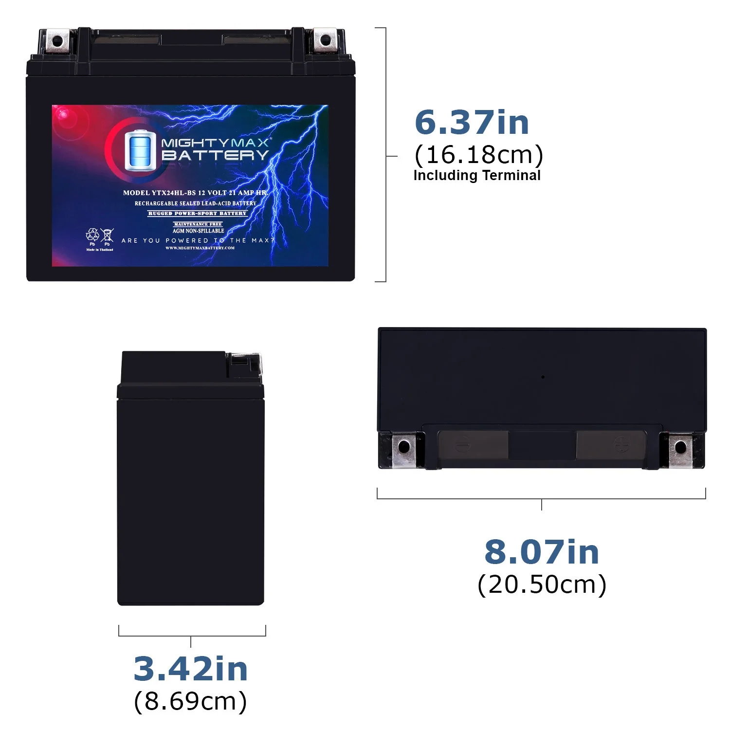 YTX24HL-BS -12 Volt 21 AH, 350 CCA, Rechargeable Maintenance Free SLA AGM Motorcycle Battery