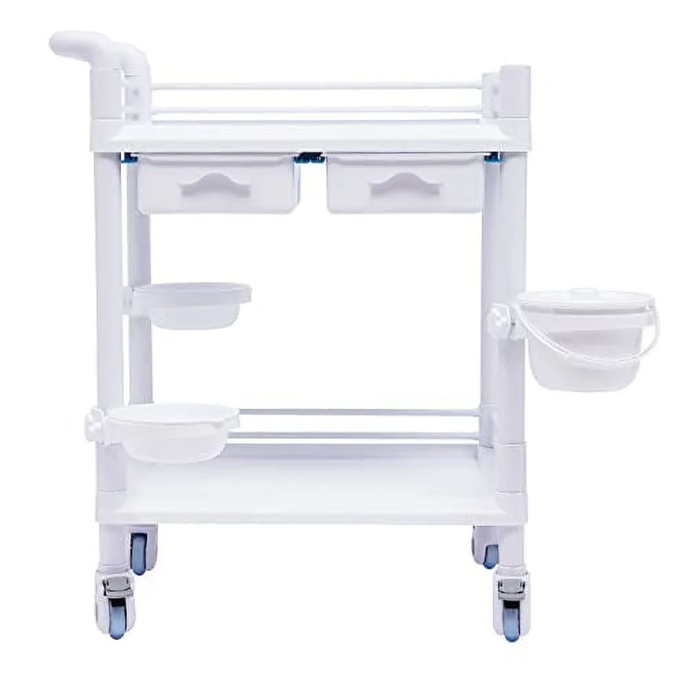 Medical Trolley Cart with 360°Rotate Wheels 2 Tier 275 Lbs Spacious Spa Beauty Salon Rolling Trolley with Dirt Buckets Drawers Heavy Duty Medical Utility Cart for Hospital Dental Clinic Beauty Salon