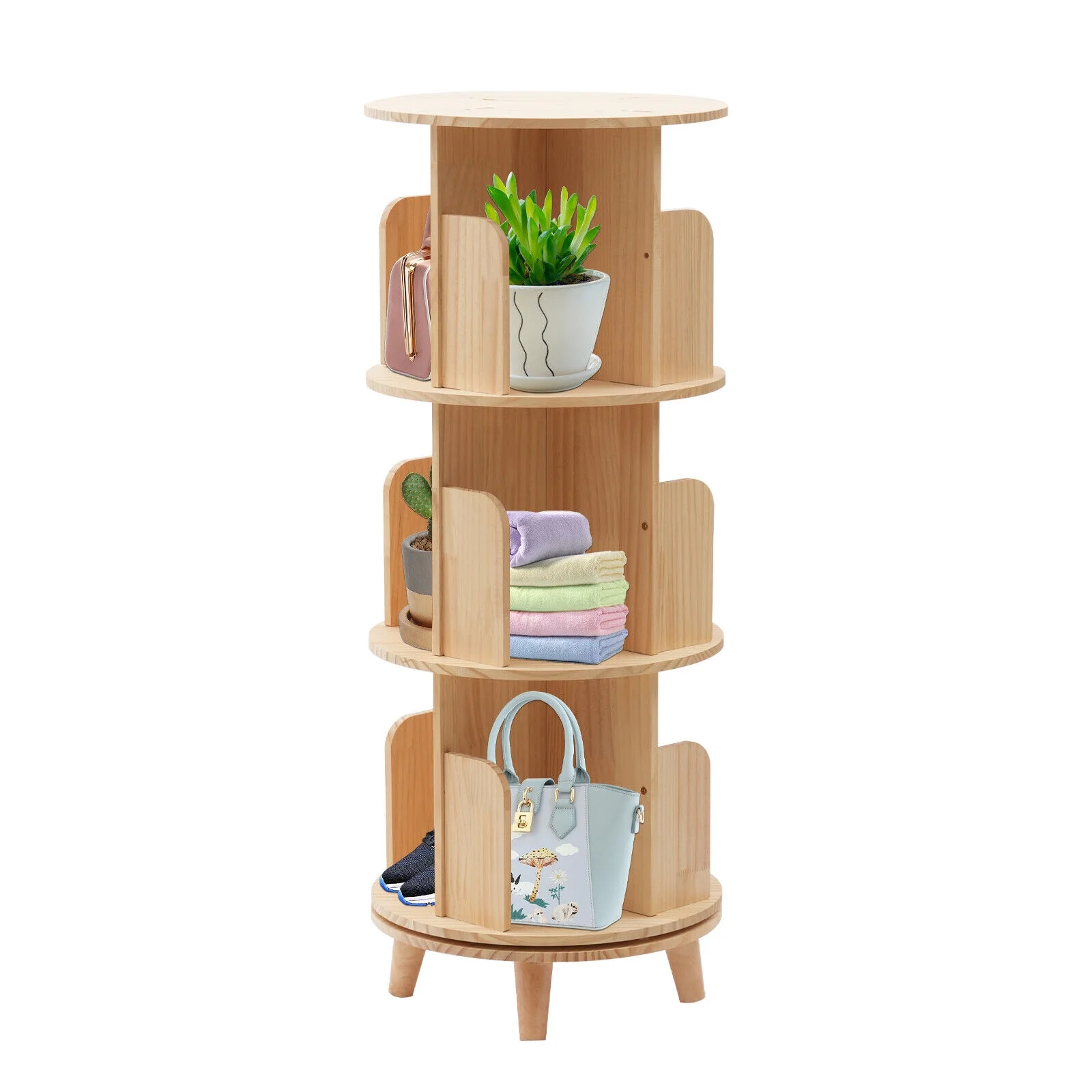 ZhdnBhnos 3 Tier Wooden Rotating Bookshelf Book Storage Stand Display Rack Shelves Floor Standing Bookcase Organizer