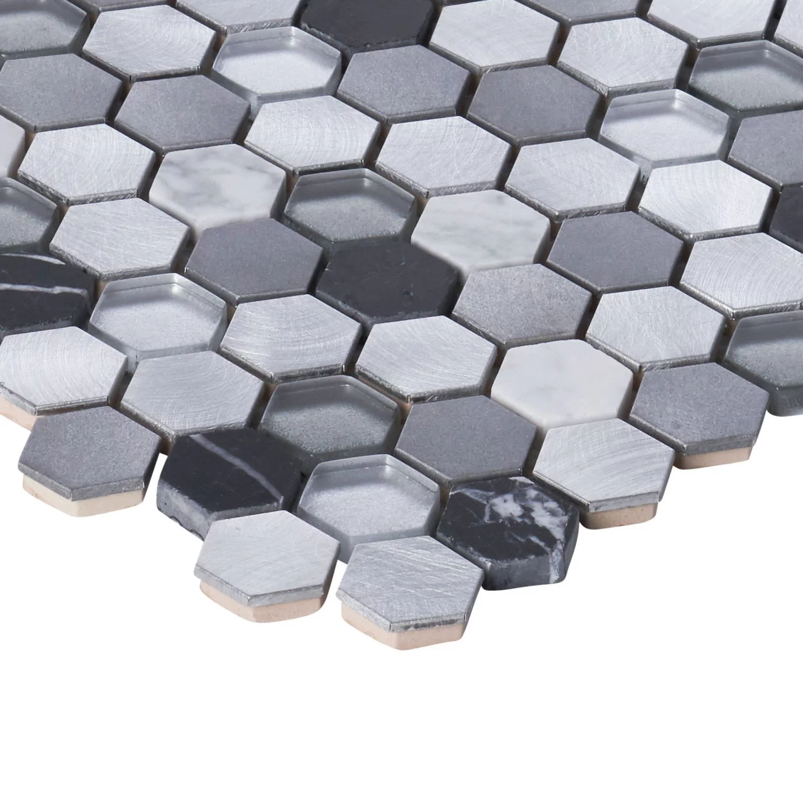 Modket White Calacatta Black Marble Gray Glass Aluminum Hexagon Mosaic Tile Backsplash