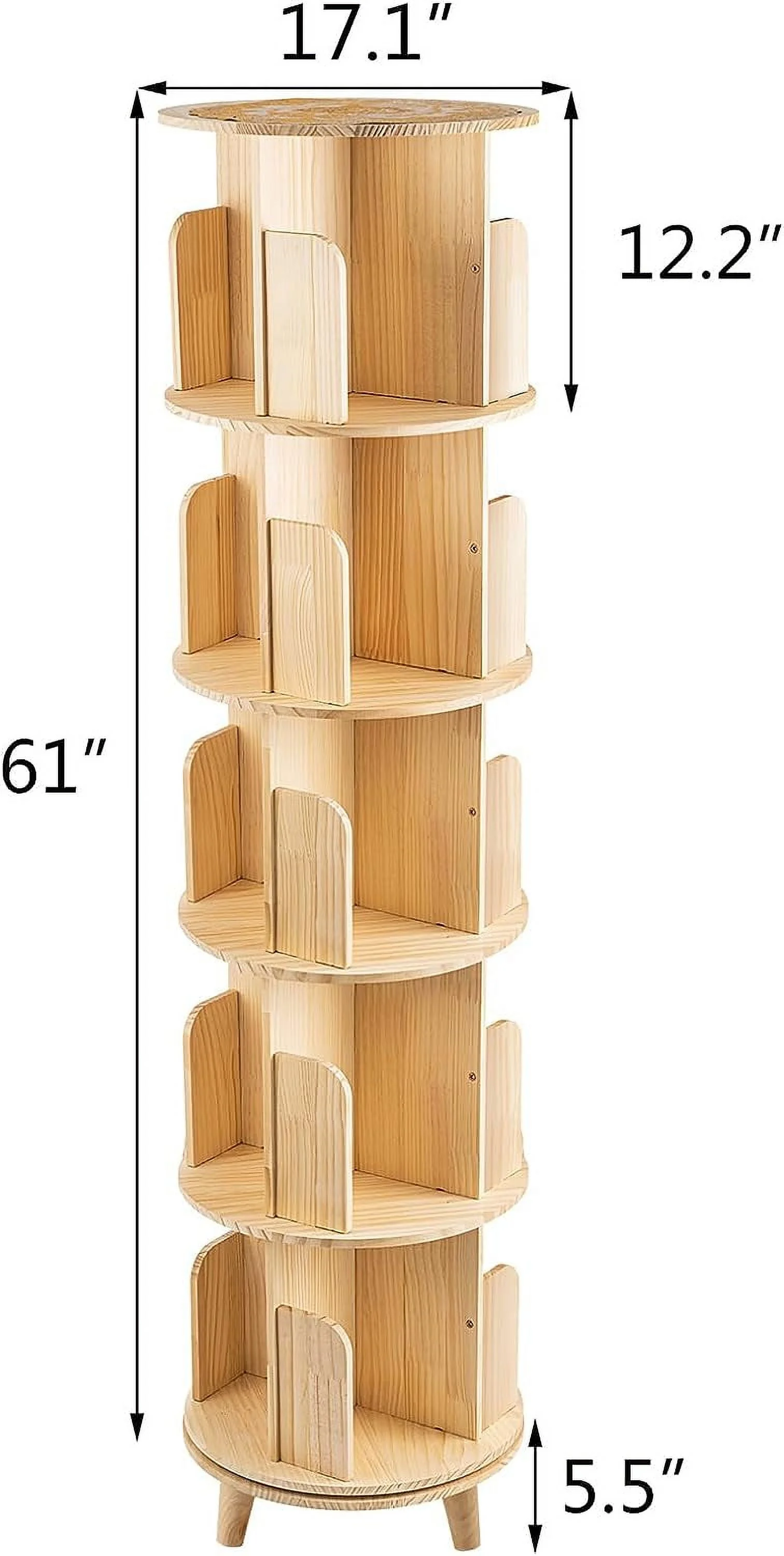 5 Tier Rotating Bookcase With Legs,360°Display Wood Round Bookshelf,Swivel Bookcase