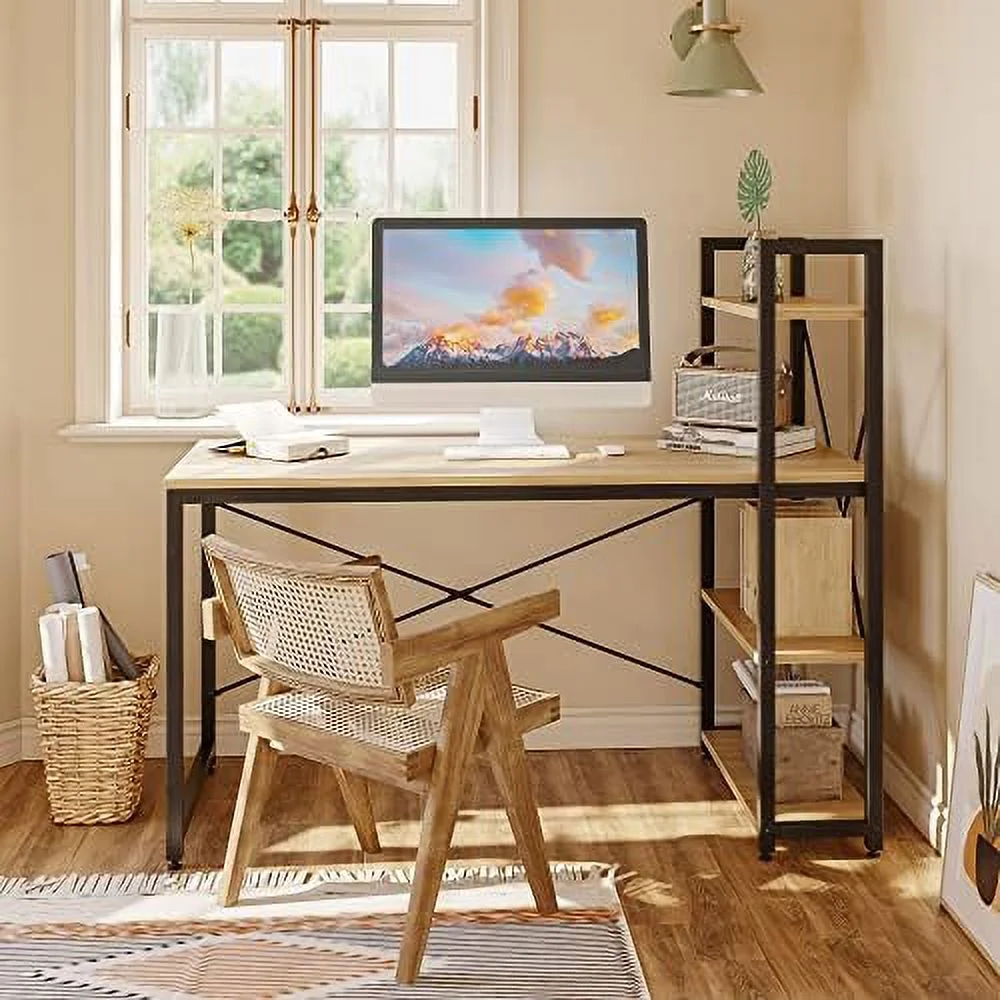 ZWNLKQG Computer Desk with Shelves - 47 Inch Small Space Home Office Desks with Bookshelf for Study Writing and Work - Plenty Leg Room and Easy Assemble  Grained Black