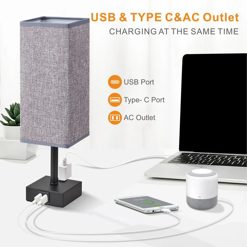 Square Touch Lamp  Dimmable USB Lamp Include One LED Bulb  Fabric Shade Lamp Built in 1 USB 1 Type C Ports & 1AC Outlet  Bedside Lamp Idea for Bedroom White
