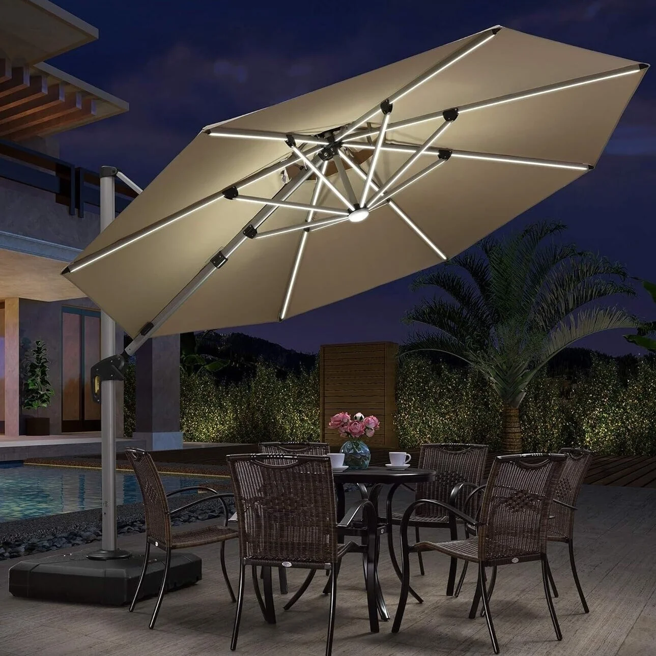 PURPLE LEAF  11 ft Double Top LED Round Patio Cantilever Umbrella Navy Blue