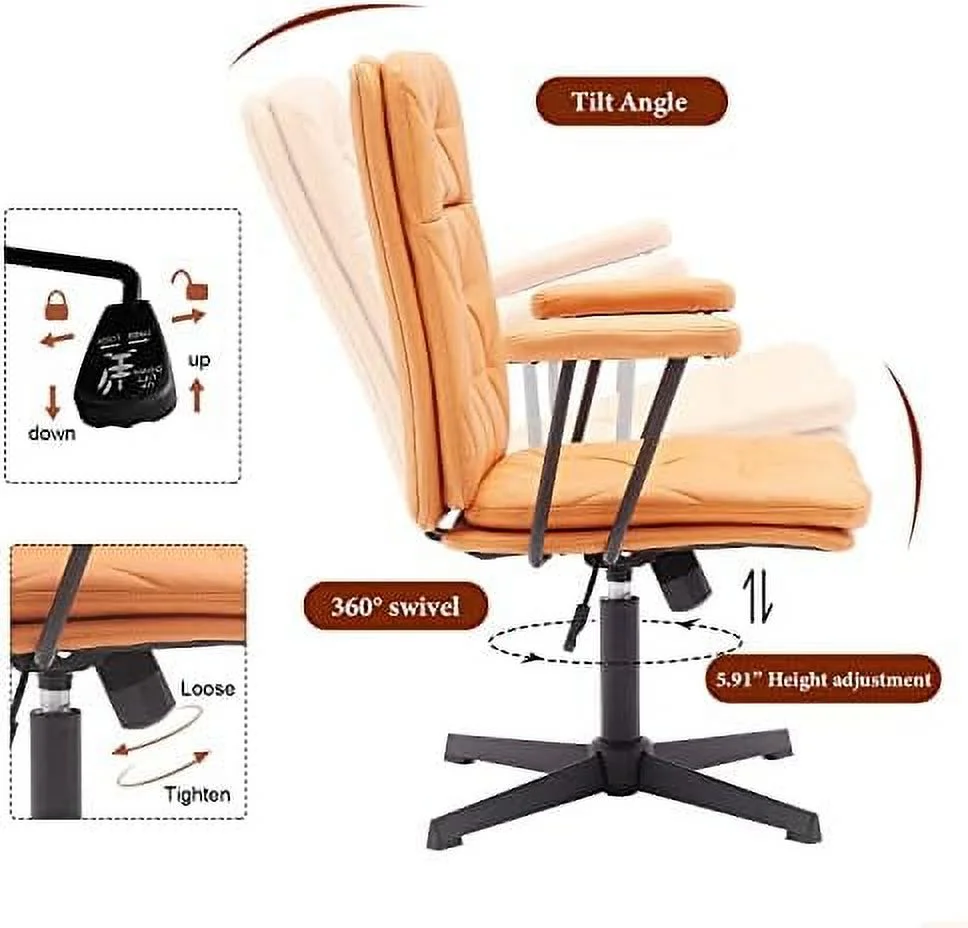 SJUIONG Ergonomic Desk Chair no Wheels Criss Cross Chair Adjustable Home Office Chair with Armrest Executive Swivel Mid Back Chair Brown