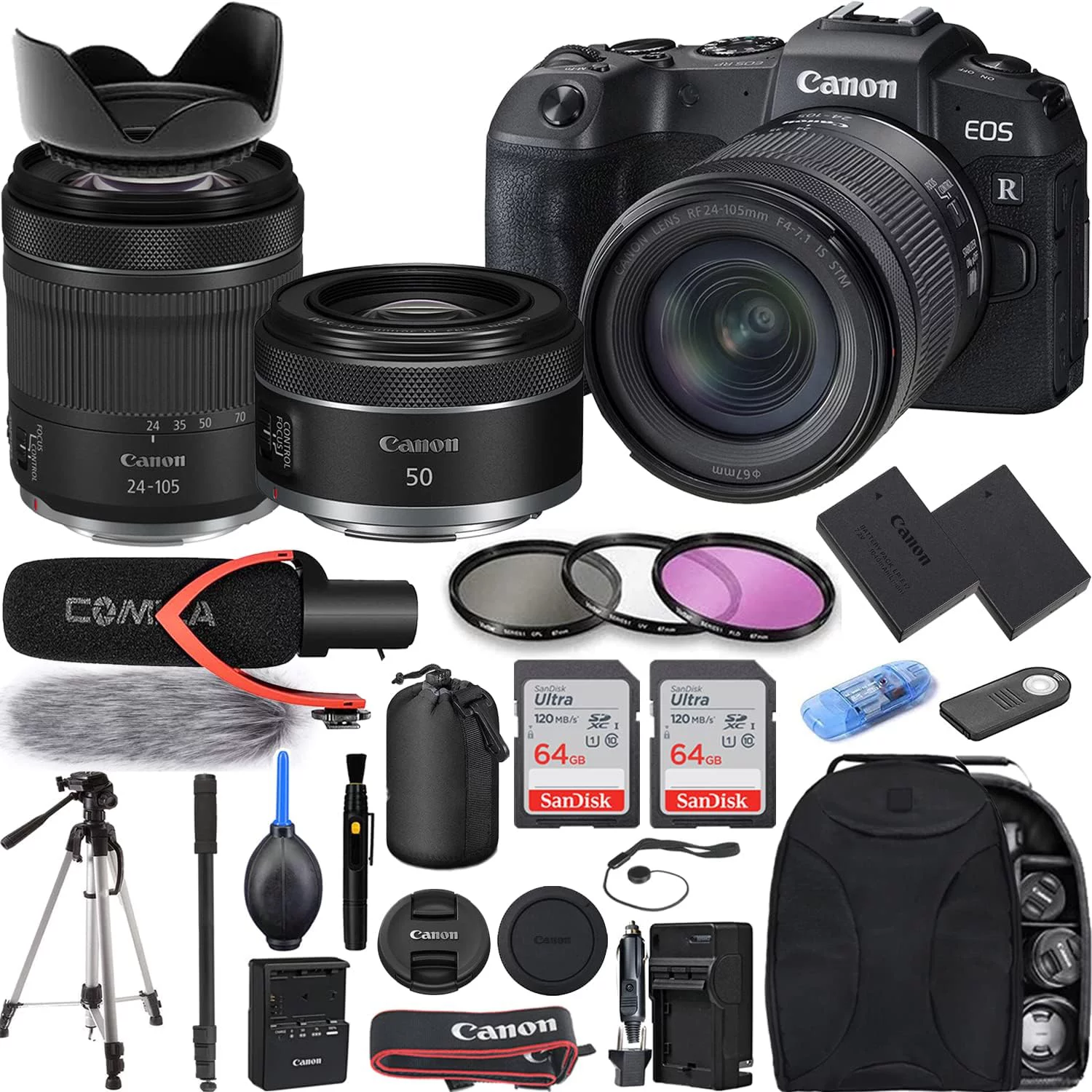 Camera Bundle for Canon EOS RP Mirrorless Camera with RF 24-105mm f/4-7.1 IS STM, RF 50mm f/1.8 STM Lens, Extra Battery, Pro Microphone + Accessories Kit