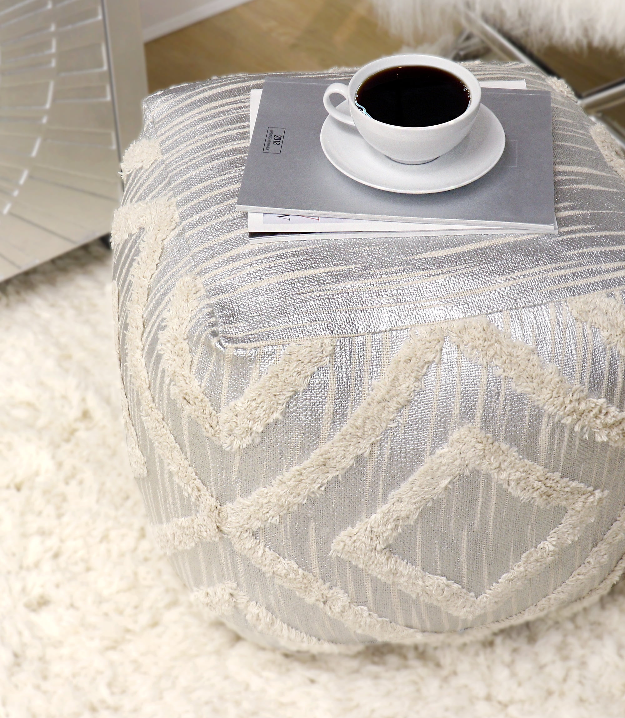 Pasargad Home Grand Canyon Cotton Pouf - Silver Foiled - 17.75 x 17.75 x 17.75 in.