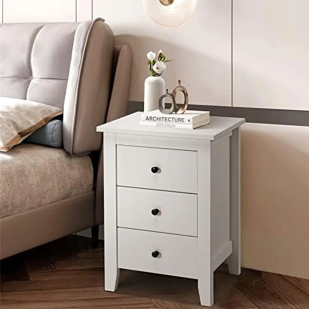 xrboomlife Nightstand   with 3 Drawers  Bedroom Side  Cabinet Wooden End Table Accent Table Solid Wood Legs (White  1 Pic)