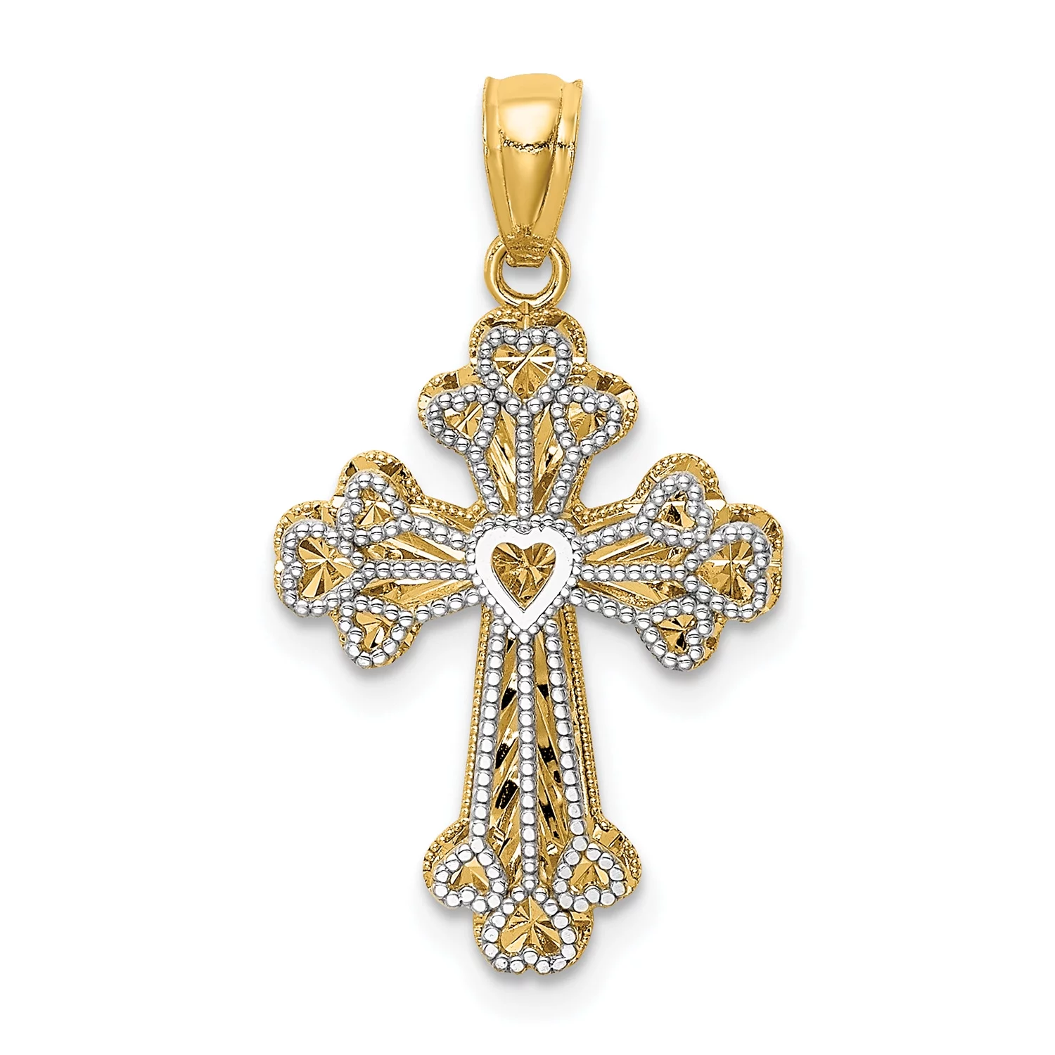 14K Two-Tone Gold Polished Filigree 2 Level Heart Cross Pendant (30 mm x 15 mm) With 10K Yellow Gold Lightweight Rope Chain 20